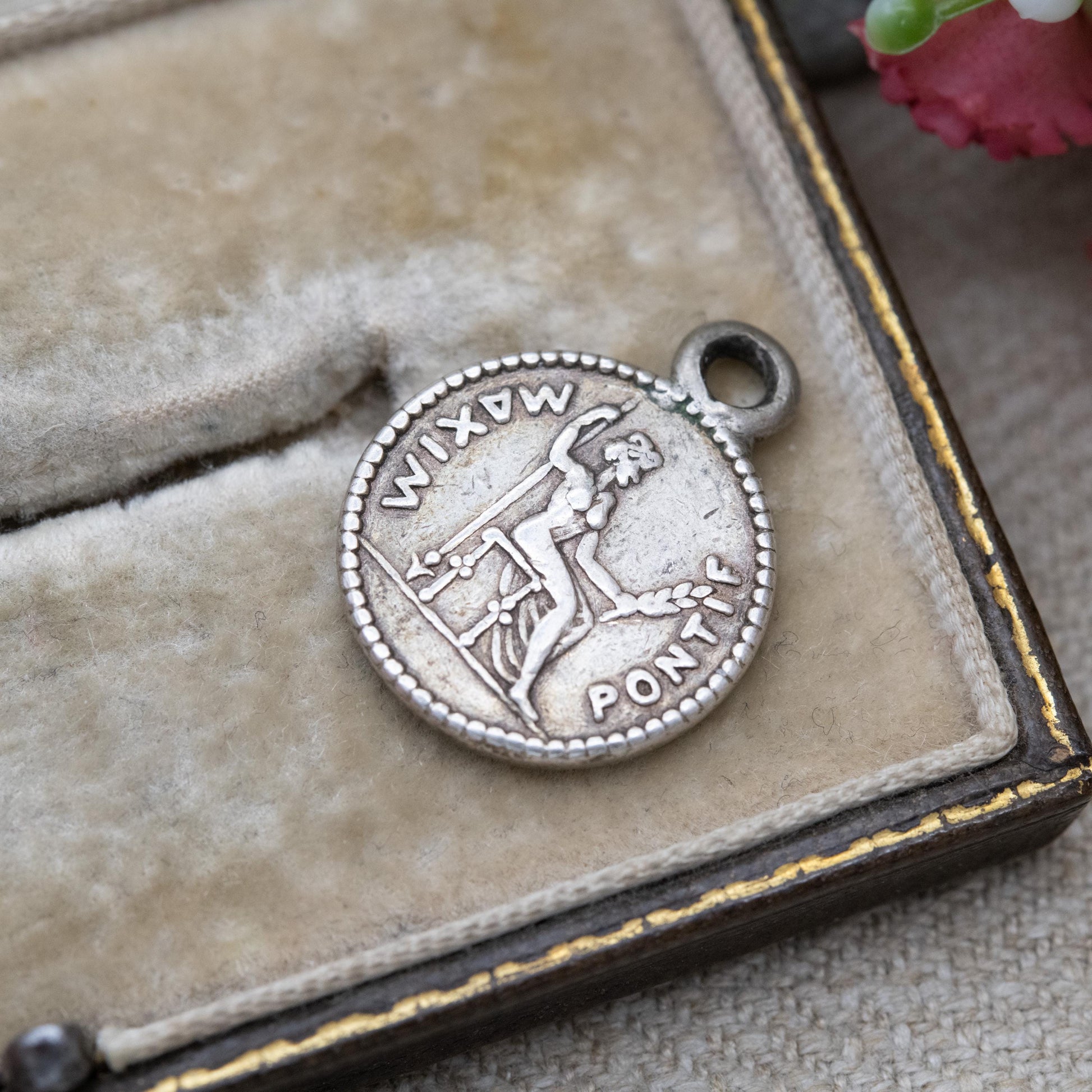 Vintage Silver Augustus Julius Caesar Coin Reproduction Pendant - Ancient Roman Maxim Pontif Charm | Italian Gift for Pendant Necklace
