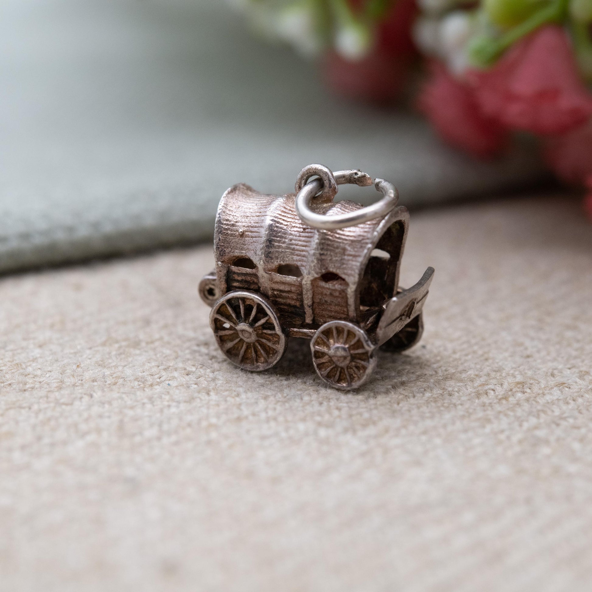 Vintage Silver and Enamel Opening Covered Wagon Charm Pendant - Pioneer Wagon | Wild West Gift for Charm Bracelet