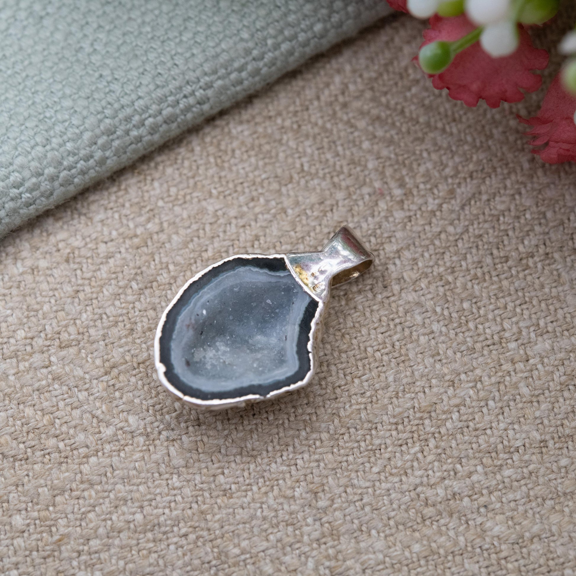 Silver Druzy Quartz Pendant - Sparkly Blue and White Crystal Gemstone | Gift for Charm Pendant Necklace