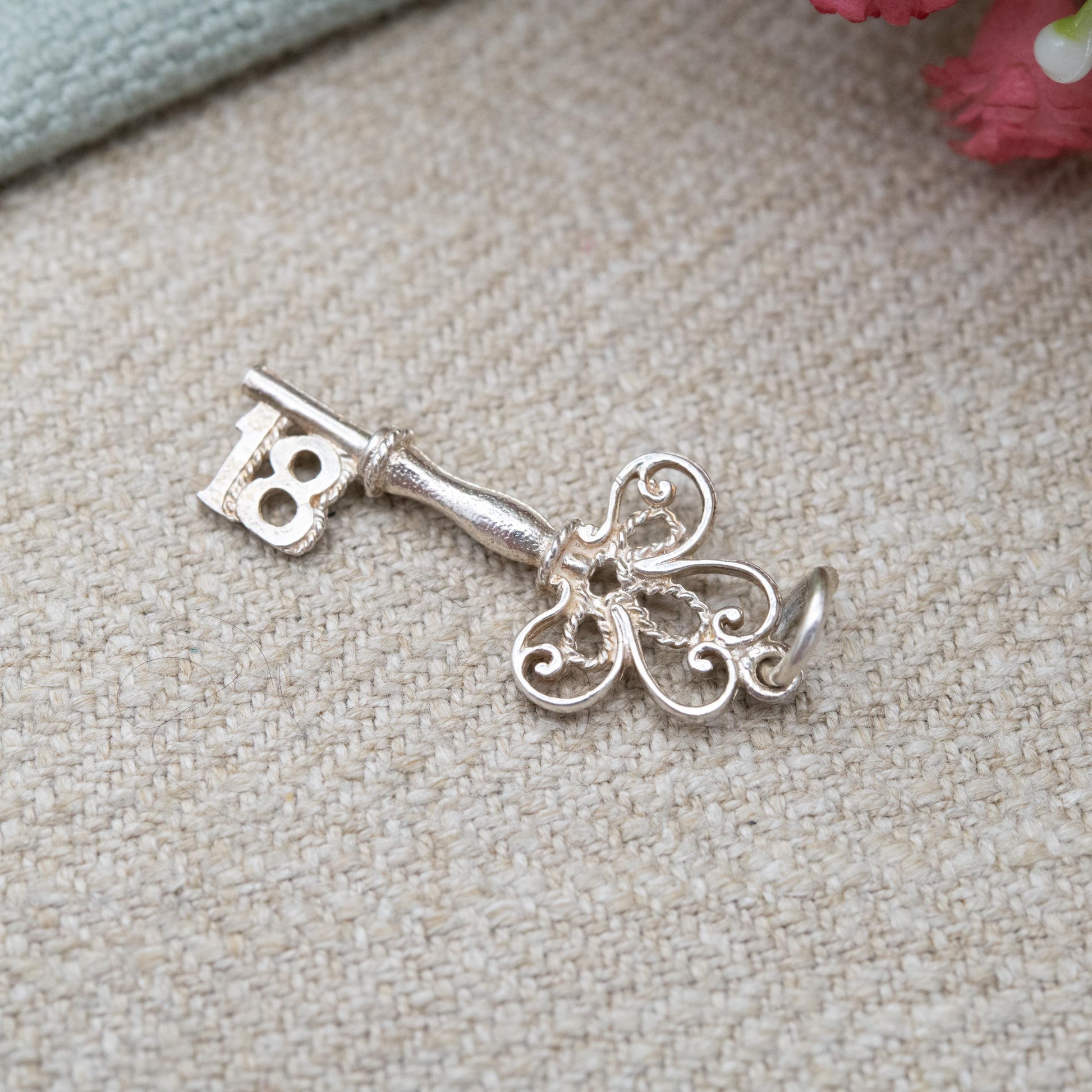 Vintage Sterling Silver 18 Key Charm Pendant - Birthday | Best Wishes | Door Lock | Souvenir Gift for Charm Bracelet