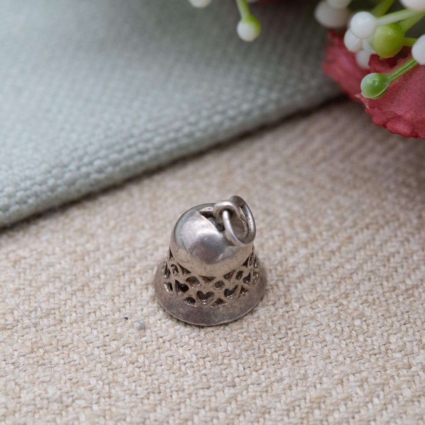 Vintage Sterling Silver Bell Charm Pendant - Openwork Love Heart Design with Moving Tongue Dangle | Gift for Charm Bracelet