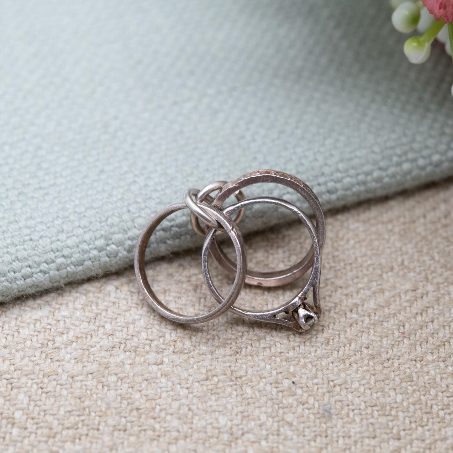 Vintage Sterling Silver Mini Wedding Ring Set Charm Pendant - Eternity Wedding Band Engagement Ring | Clear Stone | Gift for Charm Bracelet