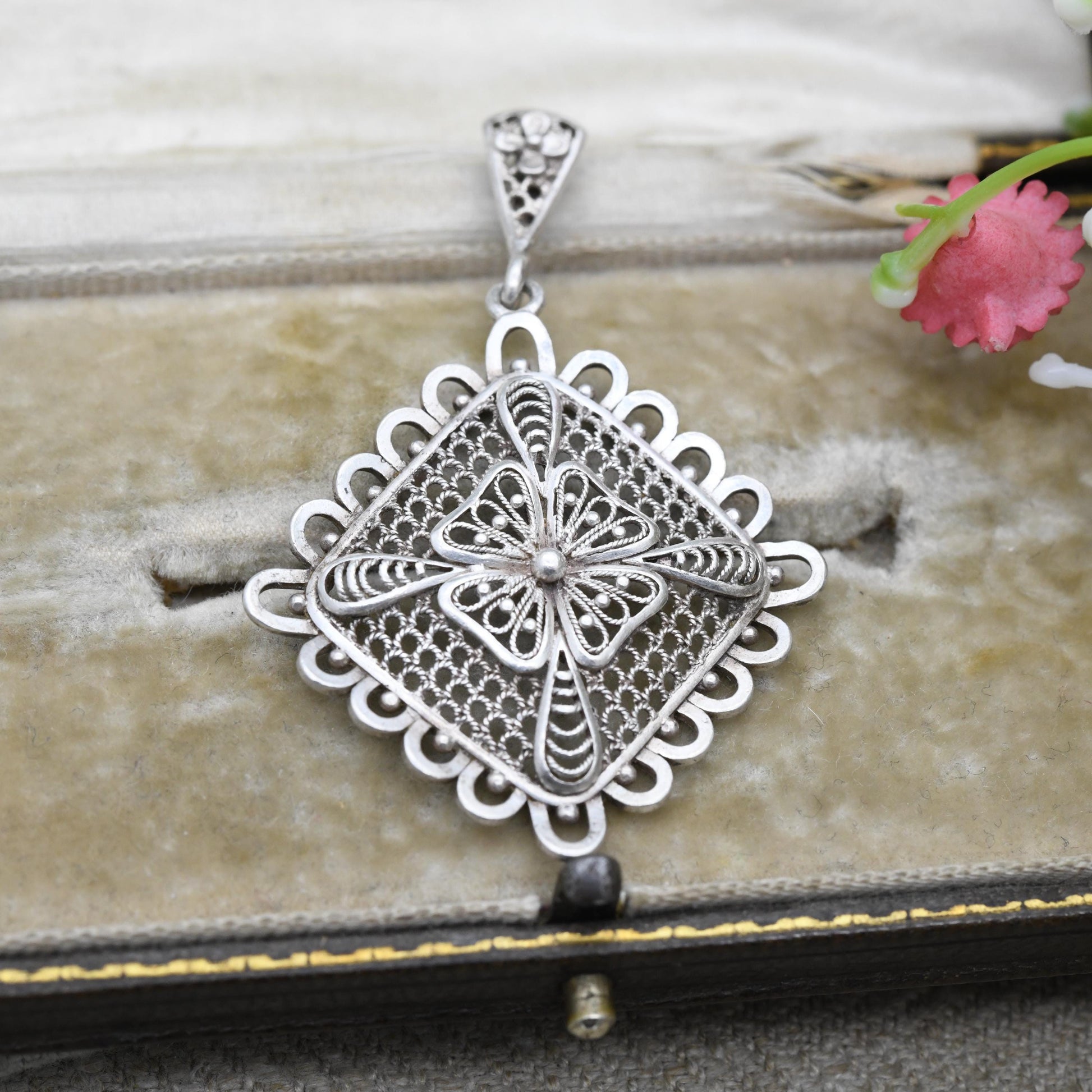 Vintage Sterling Silver Square Geometric Pendant with Ornate Openwork Design - Pretty Scrolling Cut Out | Cute Gift for Her