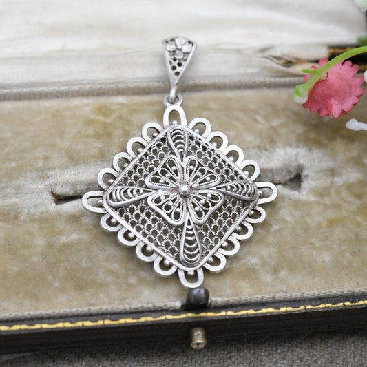 Vintage Sterling Silver Square Geometric Pendant with Ornate Openwork Design - Pretty Scrolling Cut Out | Cute Gift for Her