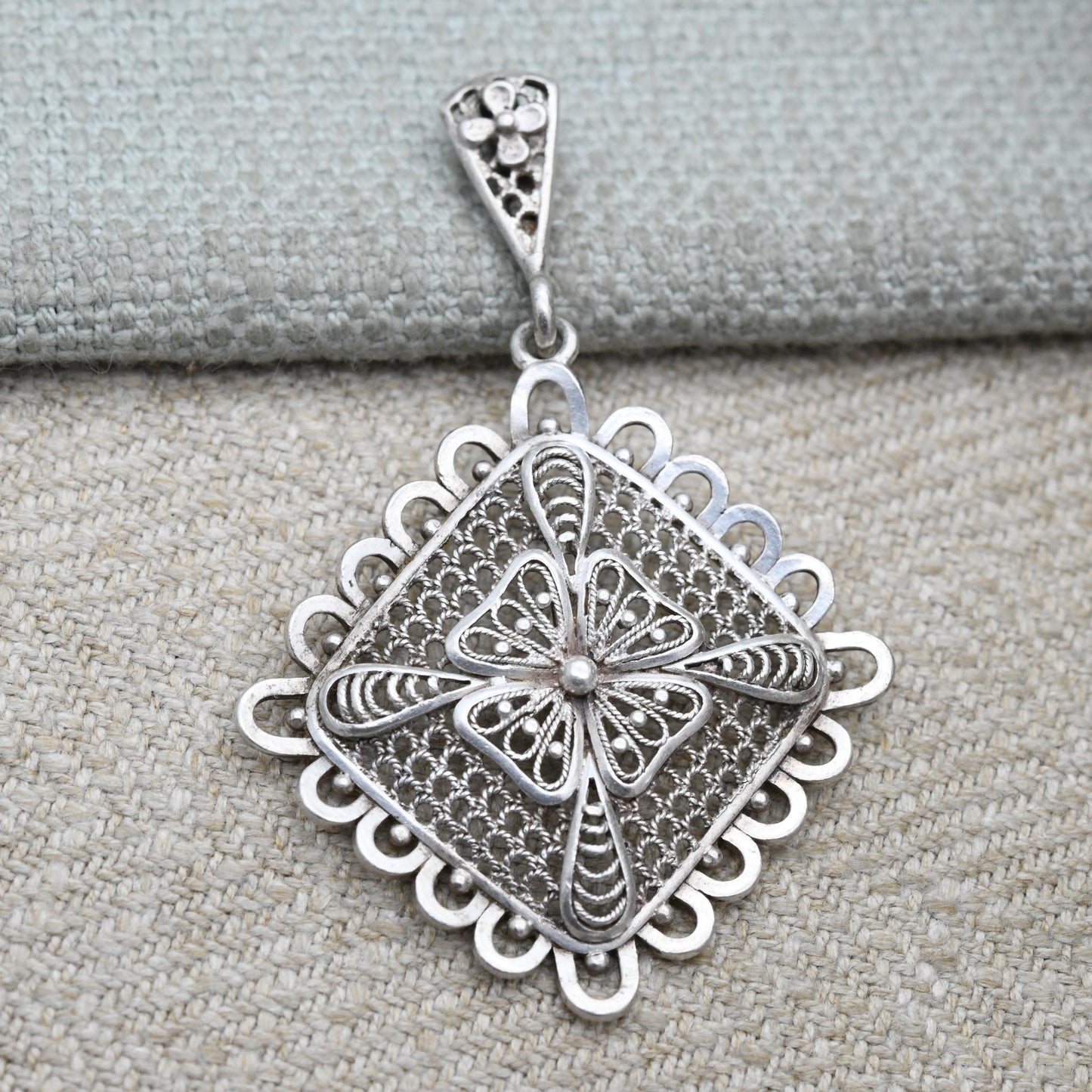 Vintage Sterling Silver Square Geometric Pendant with Ornate Openwork Design - Pretty Scrolling Cut Out | Cute Gift for Her