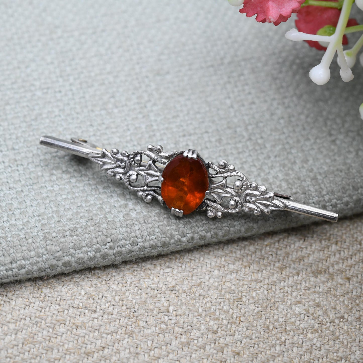 Vintage Silver Czech Filigree Bar Brooch with Faceted Orange Gemstone - Floral Pin Gift for Her