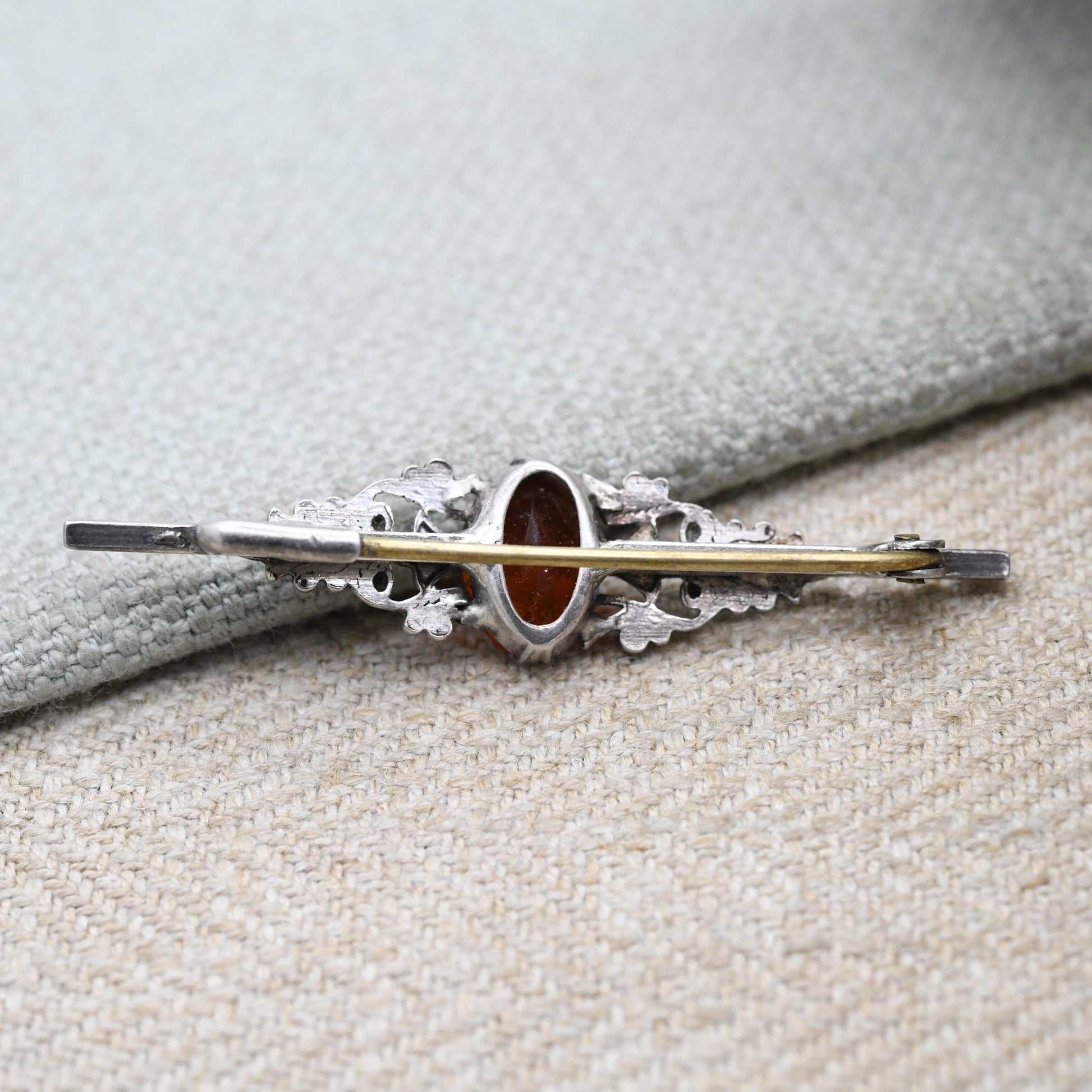 Vintage Silver Czech Filigree Bar Brooch with Faceted Orange Gemstone - Floral Pin Gift for Her