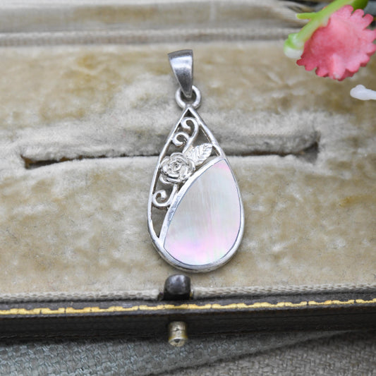 Vintage Sterling Silver Mother of Pearl Tear Drop Pendant - Pretty Silver Gift Necklace with Ornate Little Floral Design