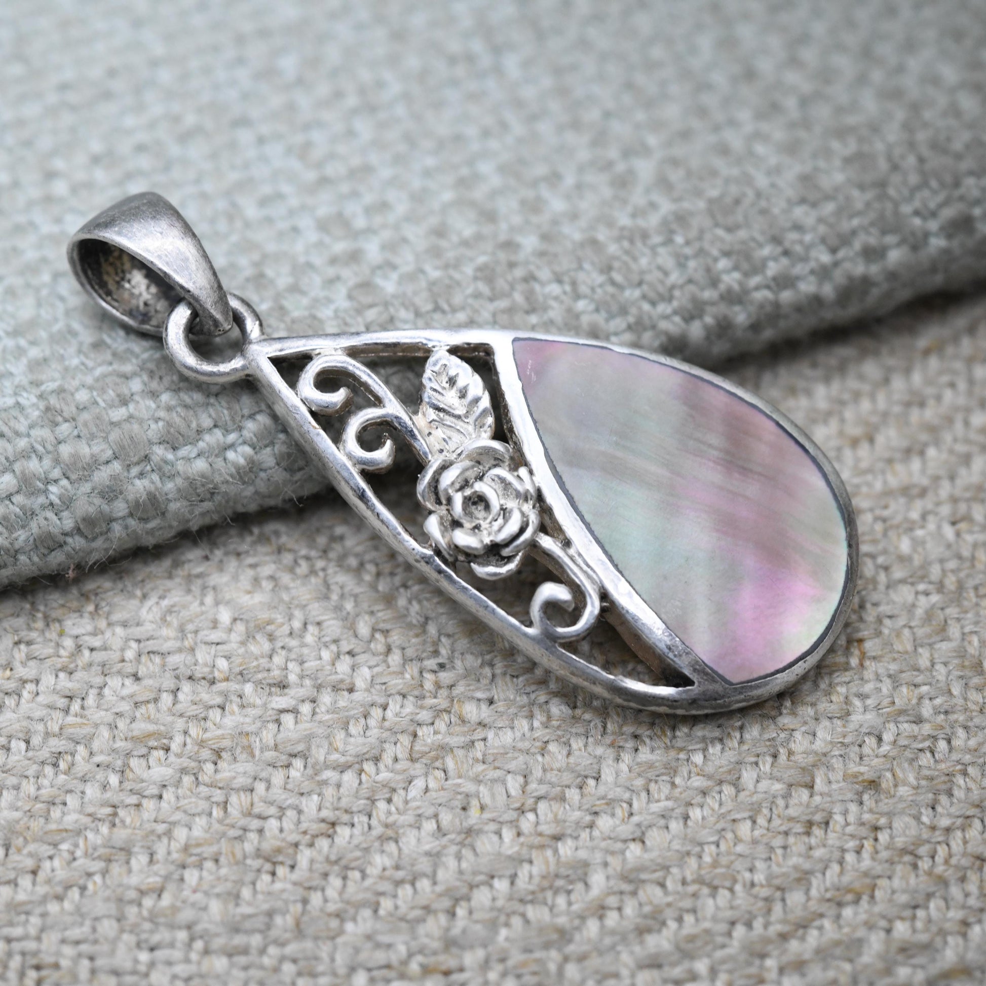 Vintage Sterling Silver Mother of Pearl Tear Drop Pendant - Pretty Silver Gift Necklace with Ornate Little Floral Design