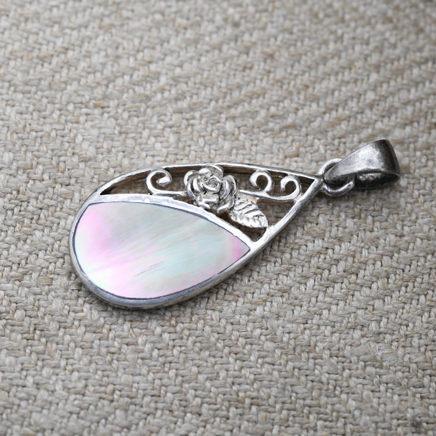 Vintage Sterling Silver Mother of Pearl Tear Drop Pendant - Pretty Silver Gift Necklace with Ornate Little Floral Design