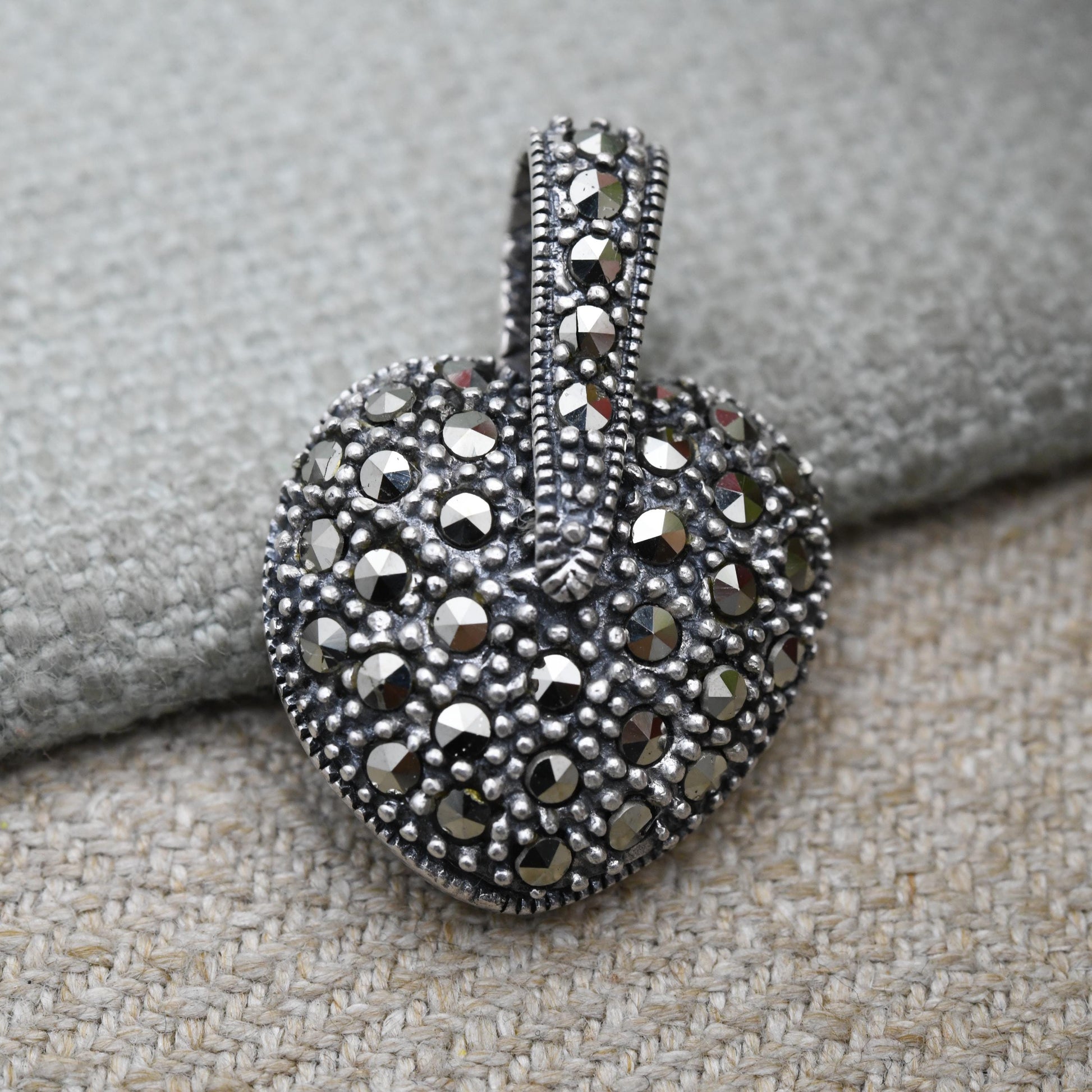 Vintage Sterling Silver Heart Locket Pendant with Marcasite Stones - Puffed Love Heart Shape | Romantic Gift for Her