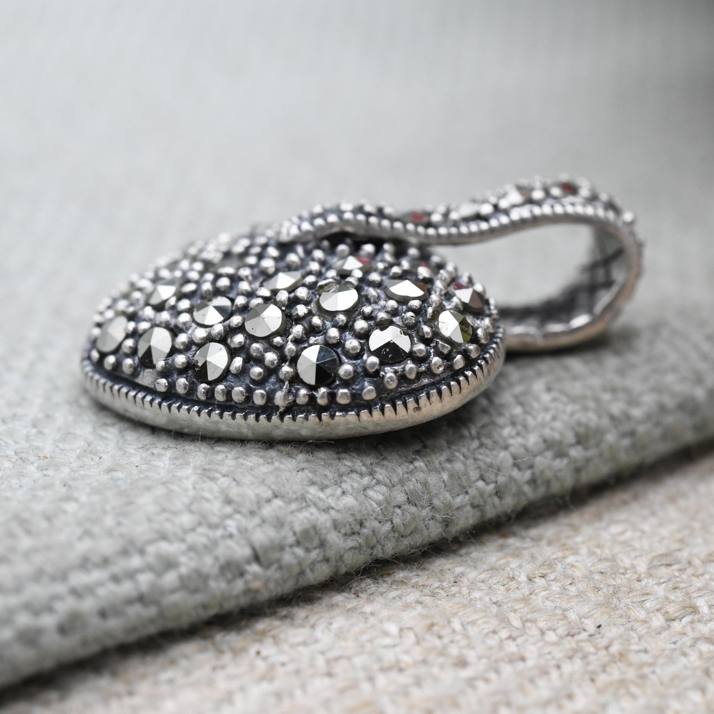 Vintage Sterling Silver Heart Locket Pendant with Marcasite Stones - Puffed Love Heart Shape | Romantic Gift for Her