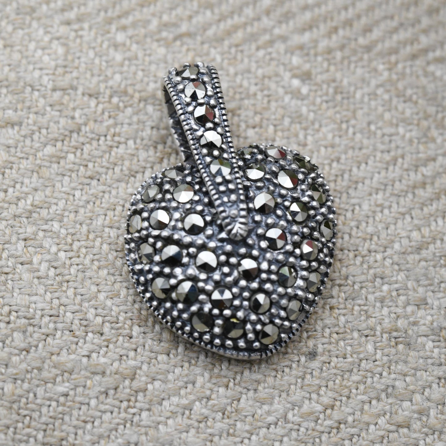 Vintage Sterling Silver Heart Locket Pendant with Marcasite Stones - Puffed Love Heart Shape | Romantic Gift for Her