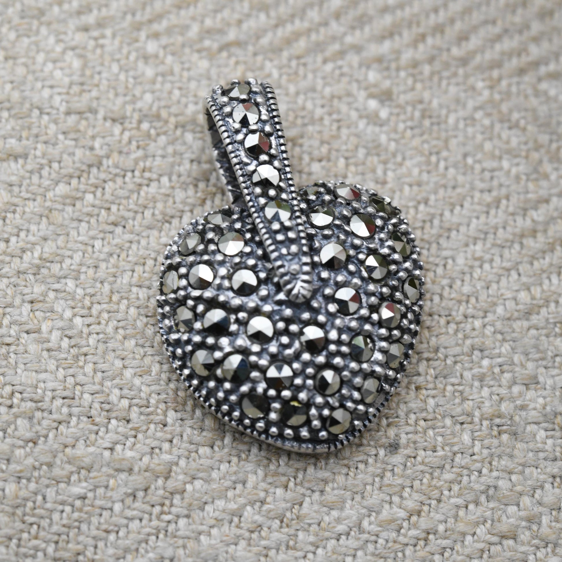 Vintage Sterling Silver Heart Locket Pendant with Marcasite Stones - Puffed Love Heart Shape | Romantic Gift for Her