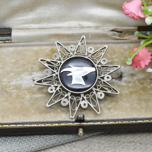 Vintage Egyptian Silver Filigree and Black Stone Brooch - Ibex Gazelle Openwork Design | Circular Cabochon Pin