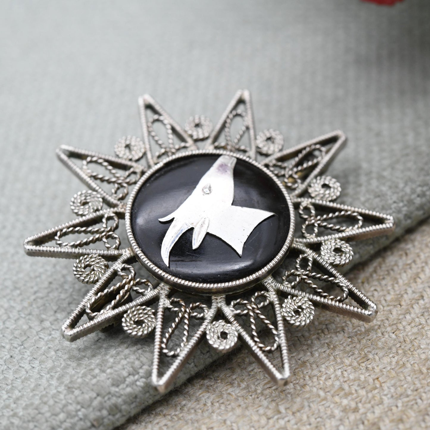 Vintage Egyptian Silver Filigree and Black Stone Brooch - Ibex Gazelle Openwork Design | Circular Cabochon Pin
