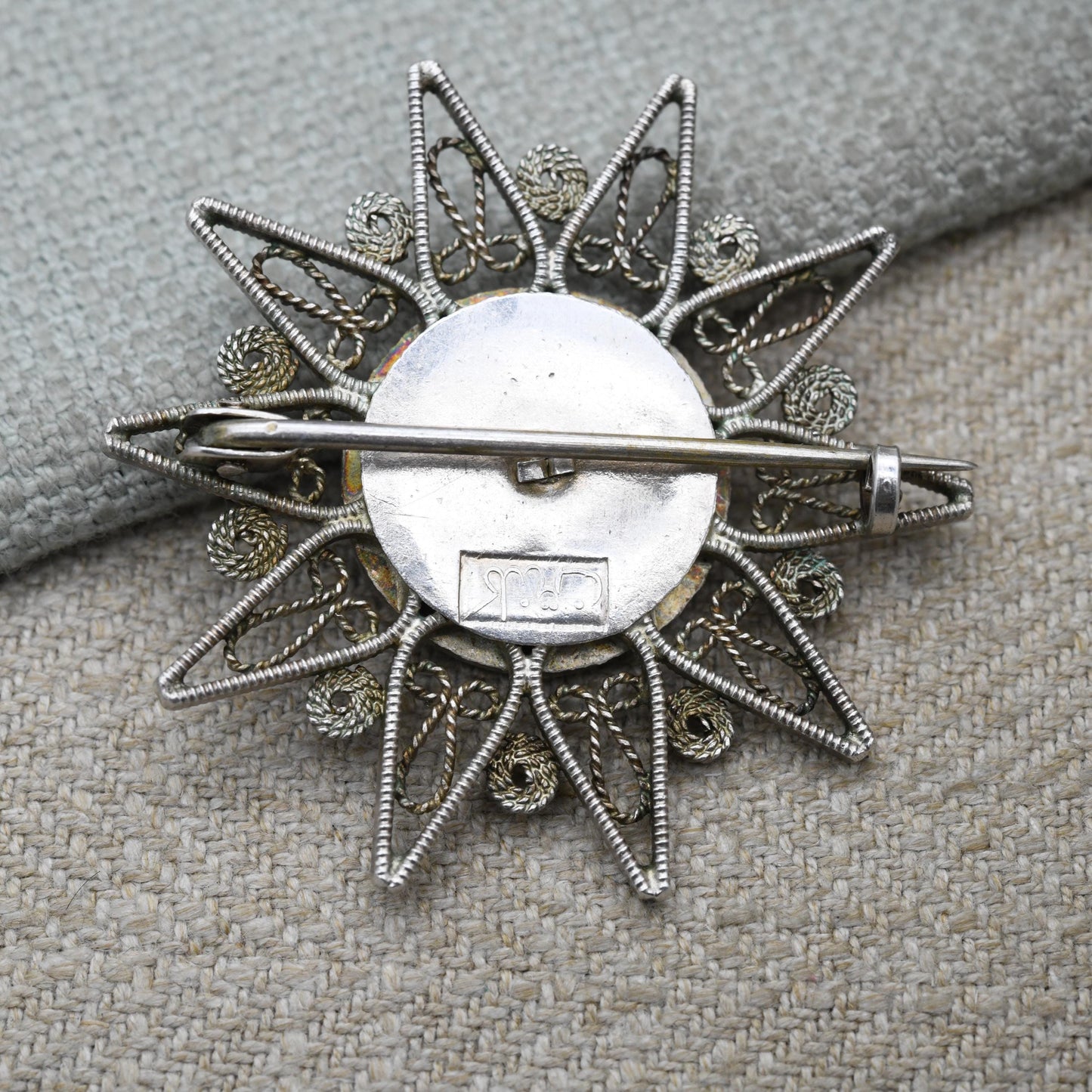 Vintage Egyptian Silver Filigree and Black Stone Brooch - Ibex Gazelle Openwork Design | Circular Cabochon Pin