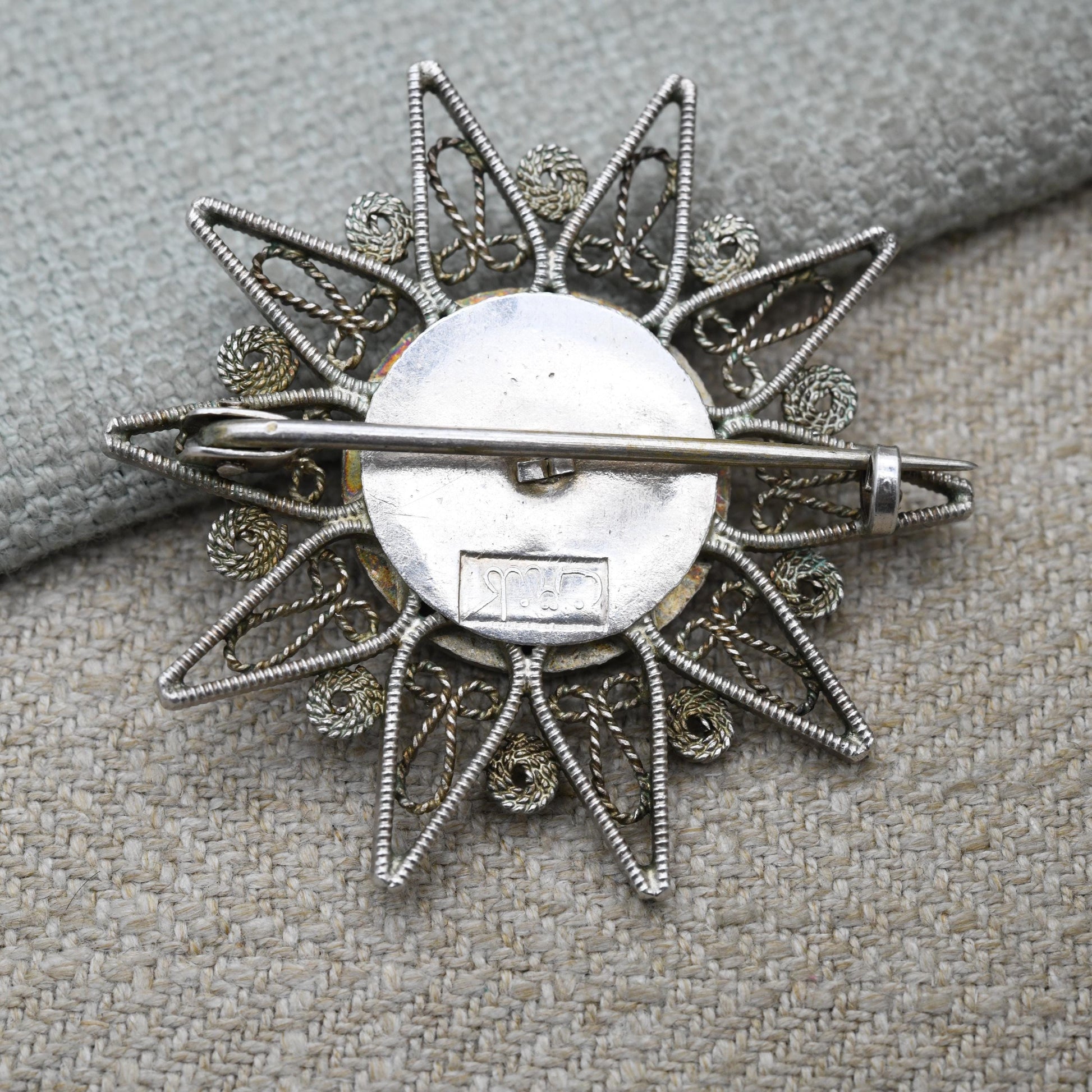 Vintage Egyptian Silver Filigree and Black Stone Brooch - Ibex Gazelle Openwork Design | Circular Cabochon Pin