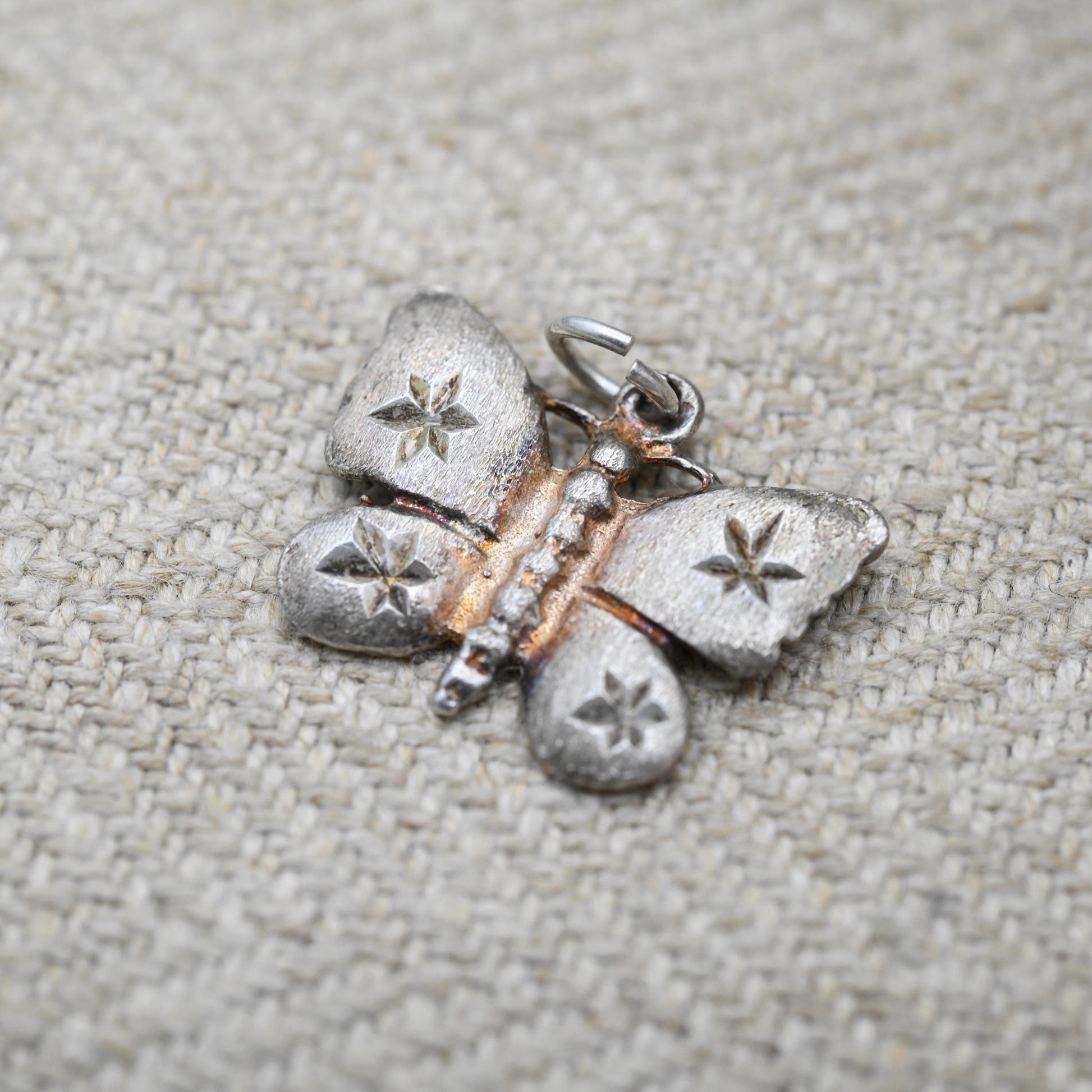 Vintage Sterling Silver Butterfly Charm Pendant - Diamond Cut Star Pattern Wings | Pendant Charm Necklace Stack