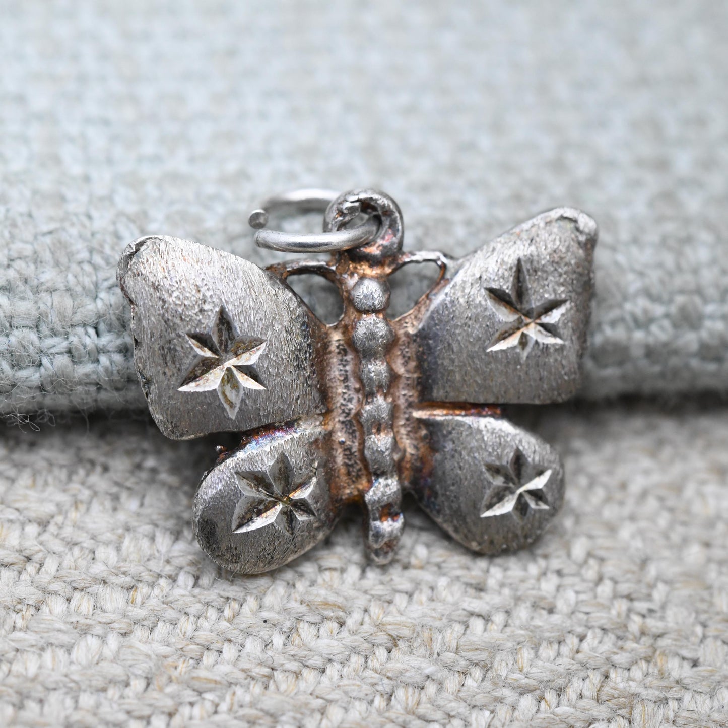 Vintage Sterling Silver Butterfly Charm Pendant - Diamond Cut Star Pattern Wings | Pendant Charm Necklace Stack