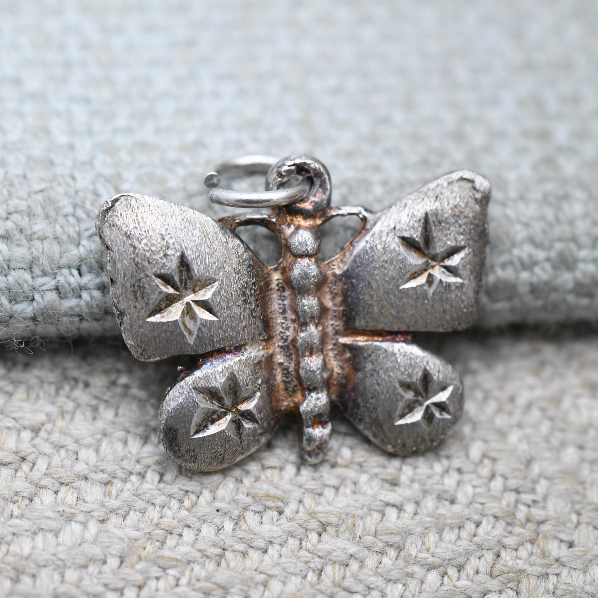 Vintage Sterling Silver Butterfly Charm Pendant - Diamond Cut Star Pattern Wings | Pendant Charm Necklace Stack