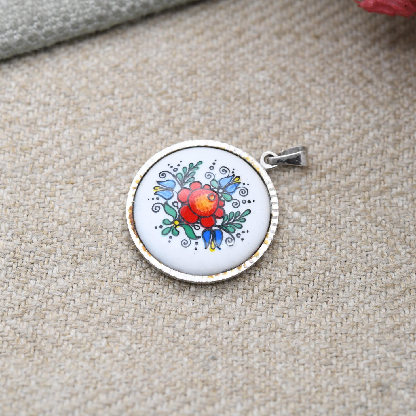 Vintage Sterling Silver Floral Pendant - Painted Flower Design | Small Circle Gift for Necklace