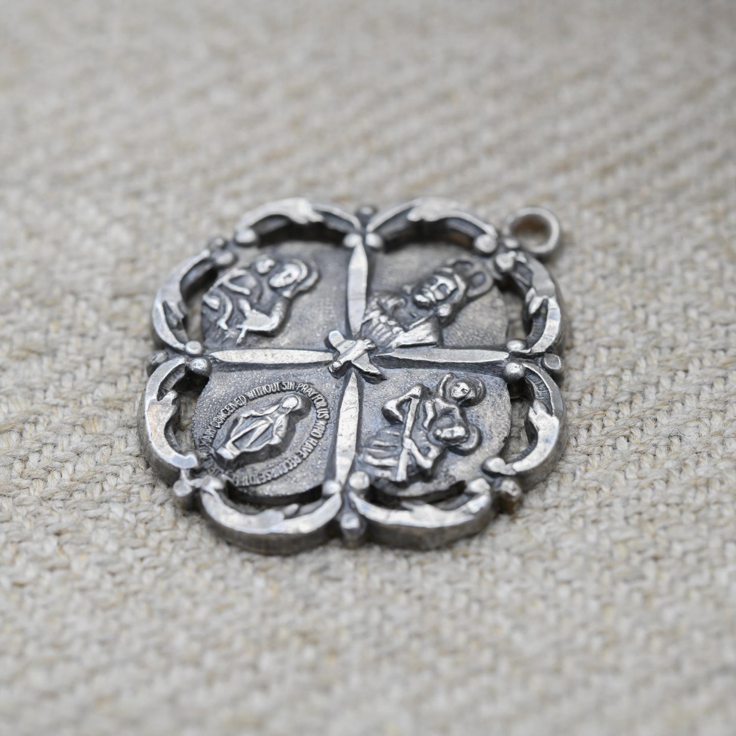Vintage Sterling Silver I'm a Catholic Call a Priest Four Way Medal Pendant - Religious Jewellery | Gift for Charm Necklace