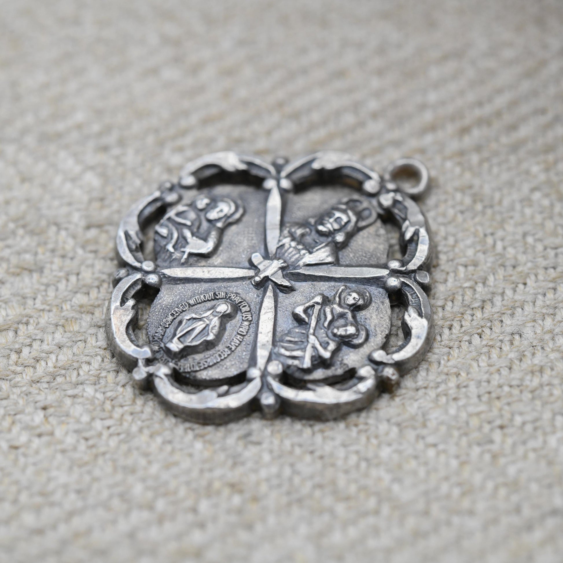 Vintage Sterling Silver I'm a Catholic Call a Priest Four Way Medal Pendant - Religious Jewellery | Gift for Charm Necklace