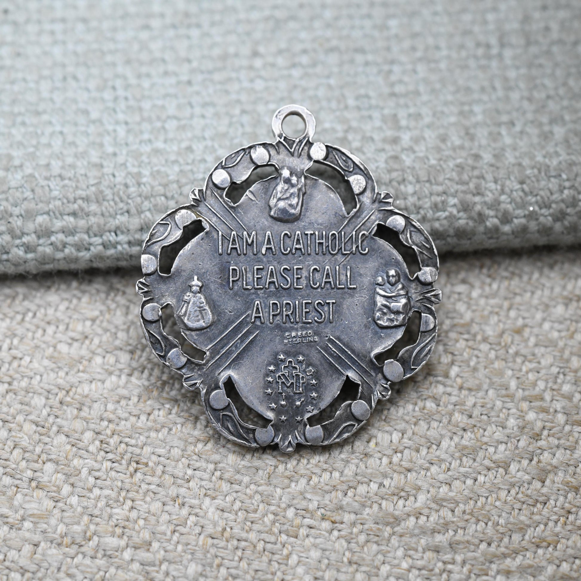Vintage Sterling Silver I'm a Catholic Call a Priest Four Way Medal Pendant - Religious Jewellery | Gift for Charm Necklace