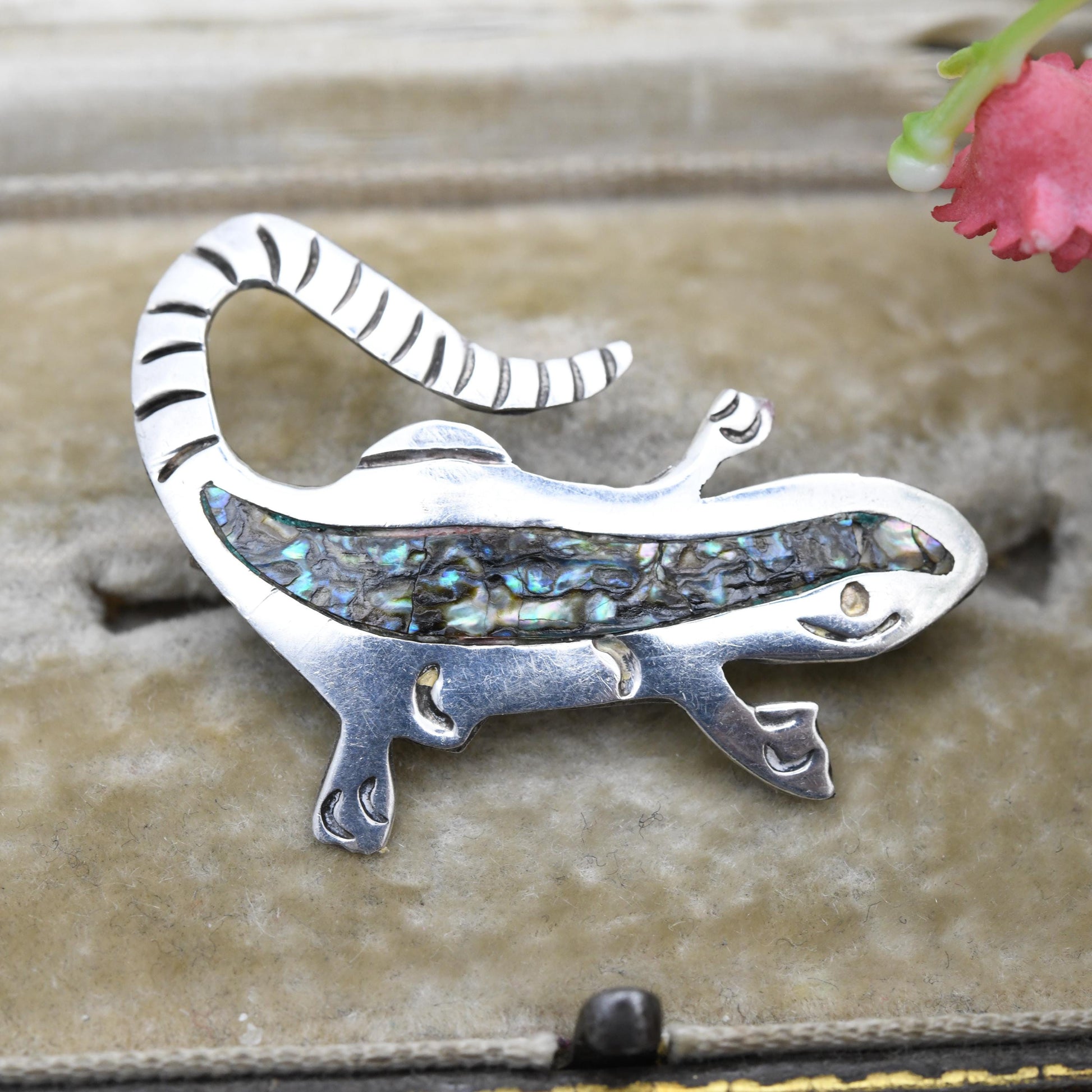 Vintage Taxco Mexican Sterling Silver Inlaid Abalone Lizard Brooch - Mid-Century Collectable Mexico Silver Jewellery
