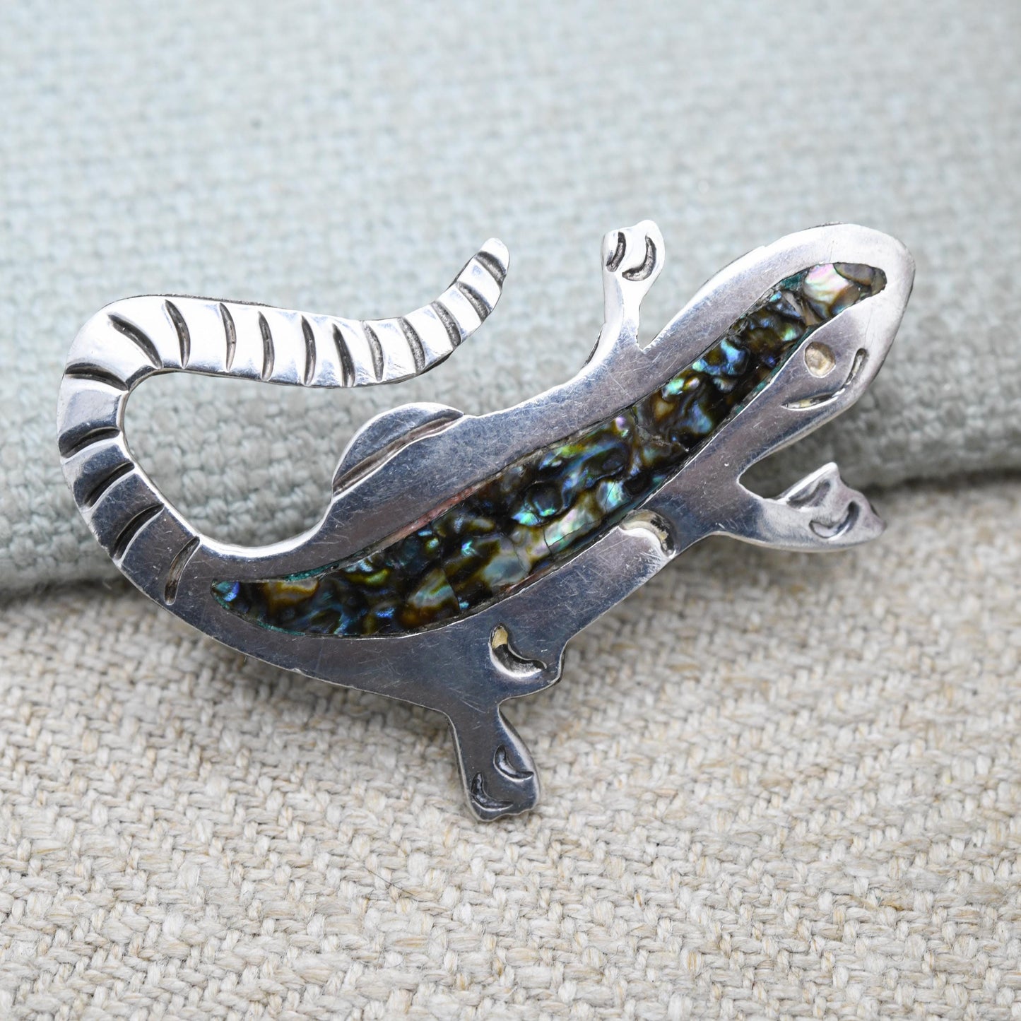 Vintage Taxco Mexican Sterling Silver Inlaid Abalone Lizard Brooch - Mid-Century Collectable Mexico Silver Jewellery