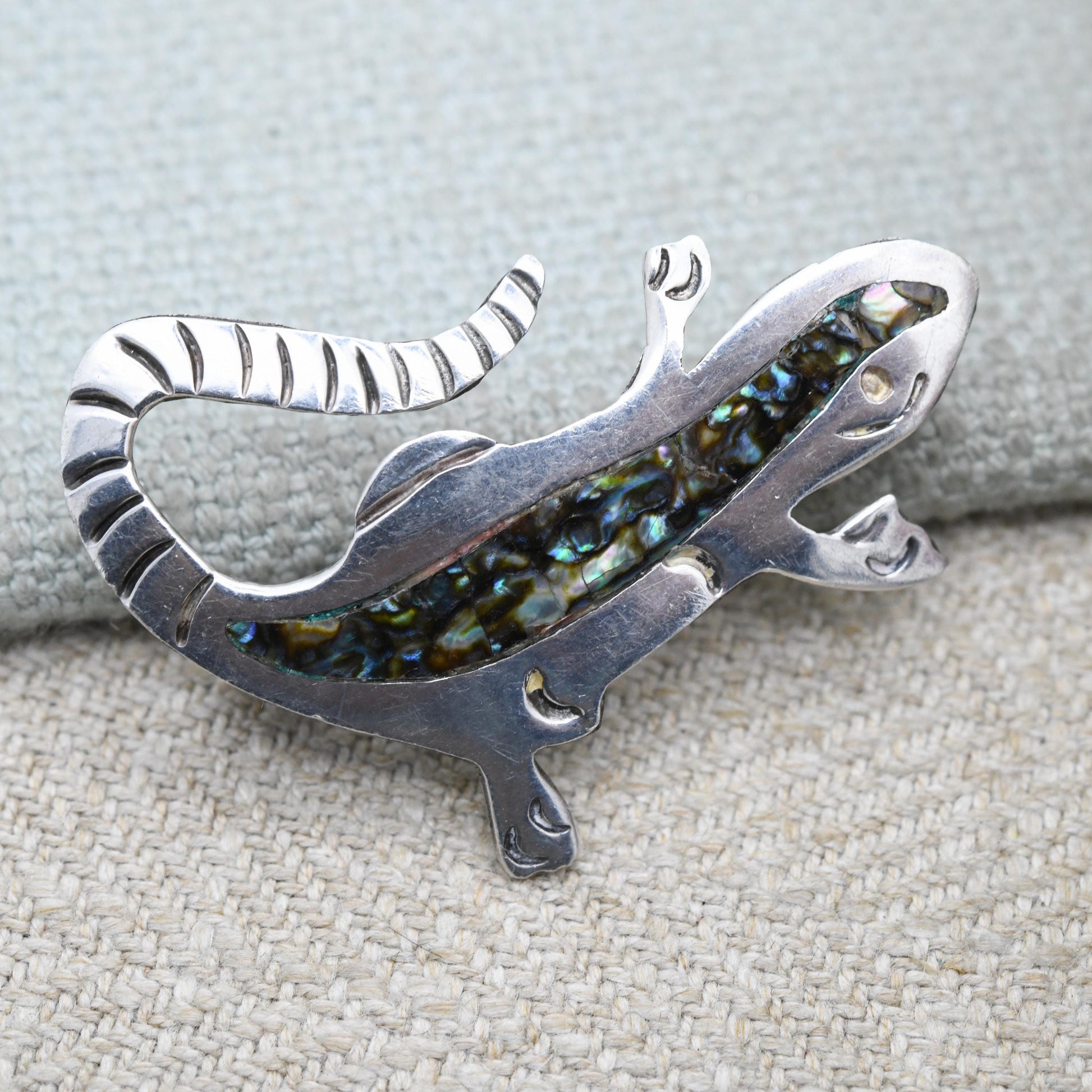 Vintage Taxco Mexican Sterling Silver Inlaid Abalone Lizard Brooch - Mid-Century Collectable Mexico Silver Jewellery