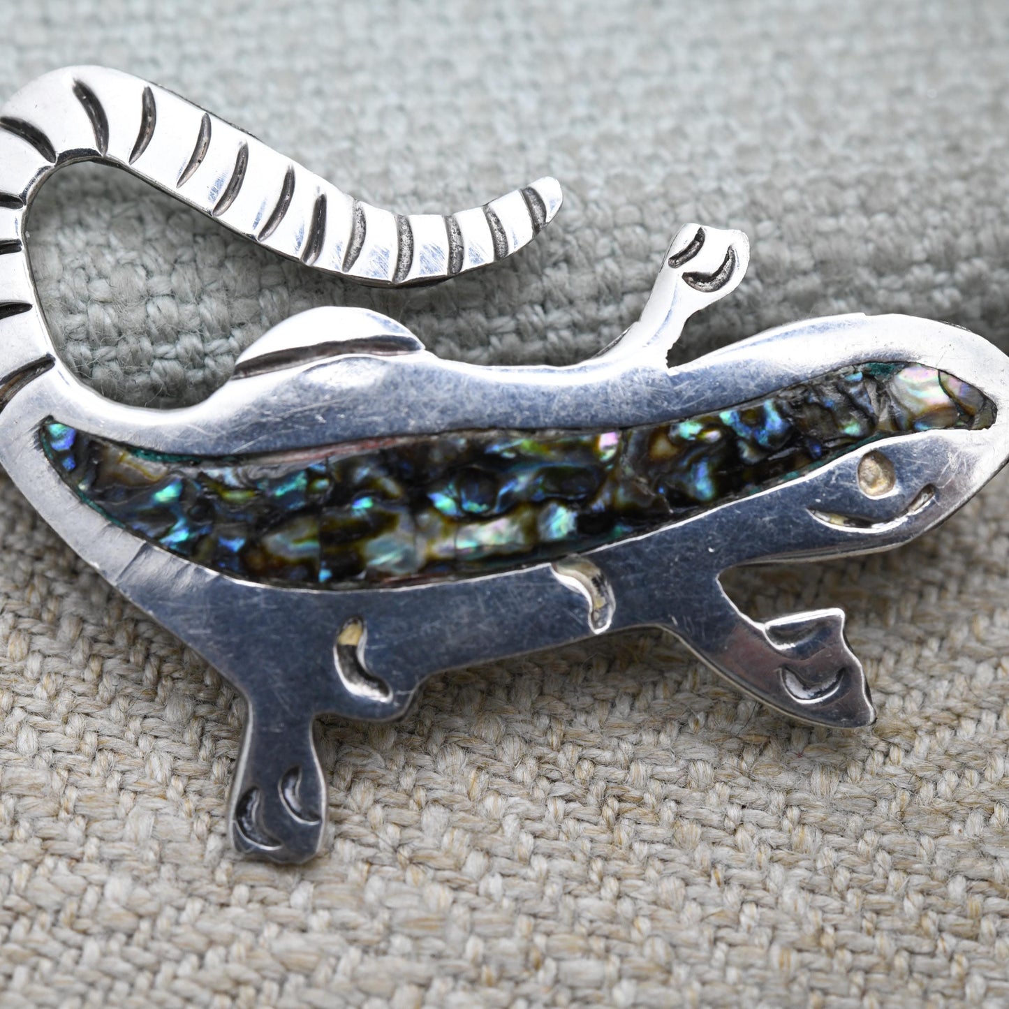 Vintage Taxco Mexican Sterling Silver Inlaid Abalone Lizard Brooch - Mid-Century Collectable Mexico Silver Jewellery