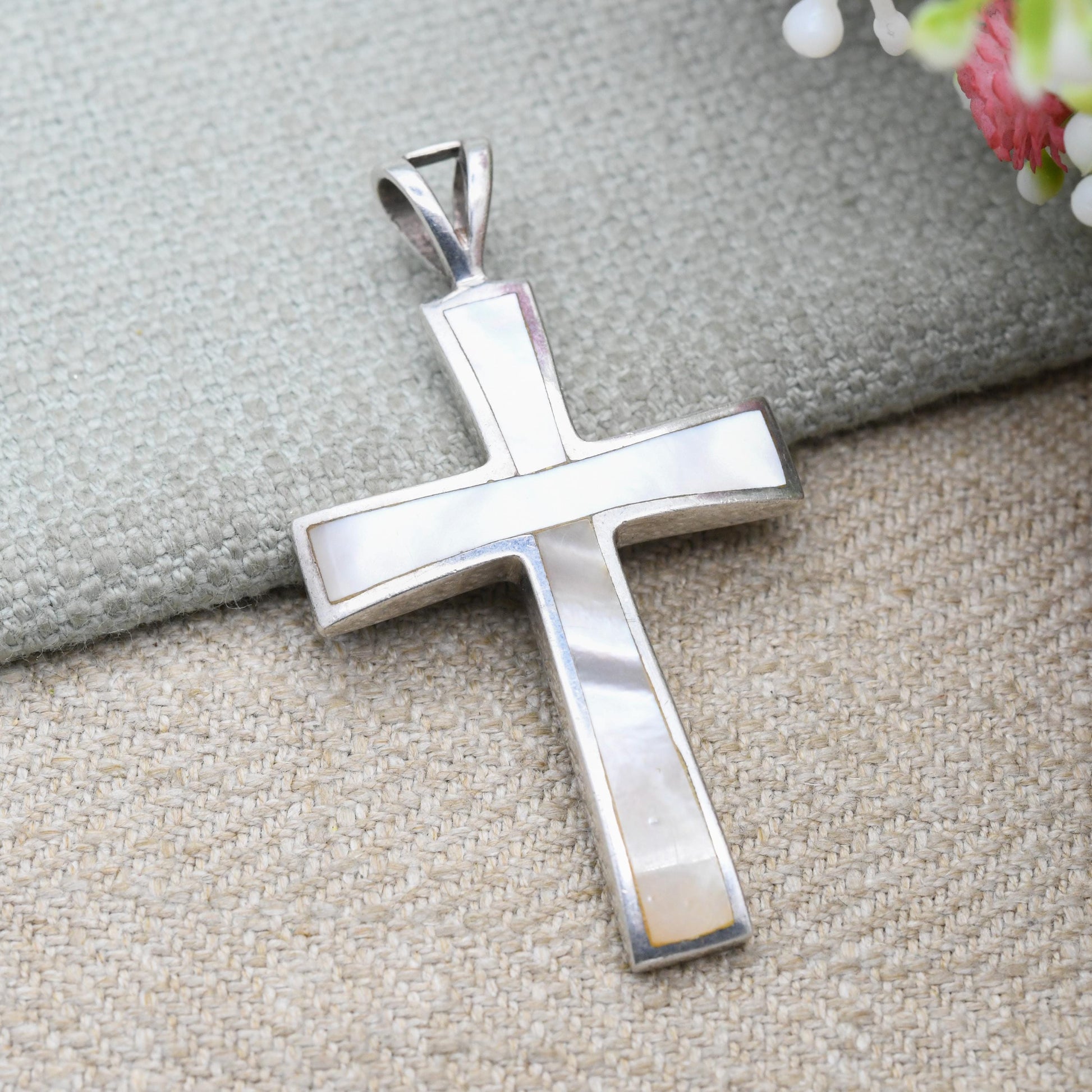 Sterling Silver Cross Pendant with Inlaid Mother of Pearl - Chunky Cross | Christian Charm for Religious Necklace