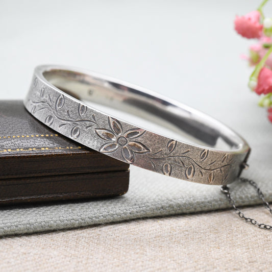 Vintage Sterling Silver Floral Engraved Bangle Bracelet 1970 - Chunky Victorian Aesthetic Scrolling Style with Safety Chain