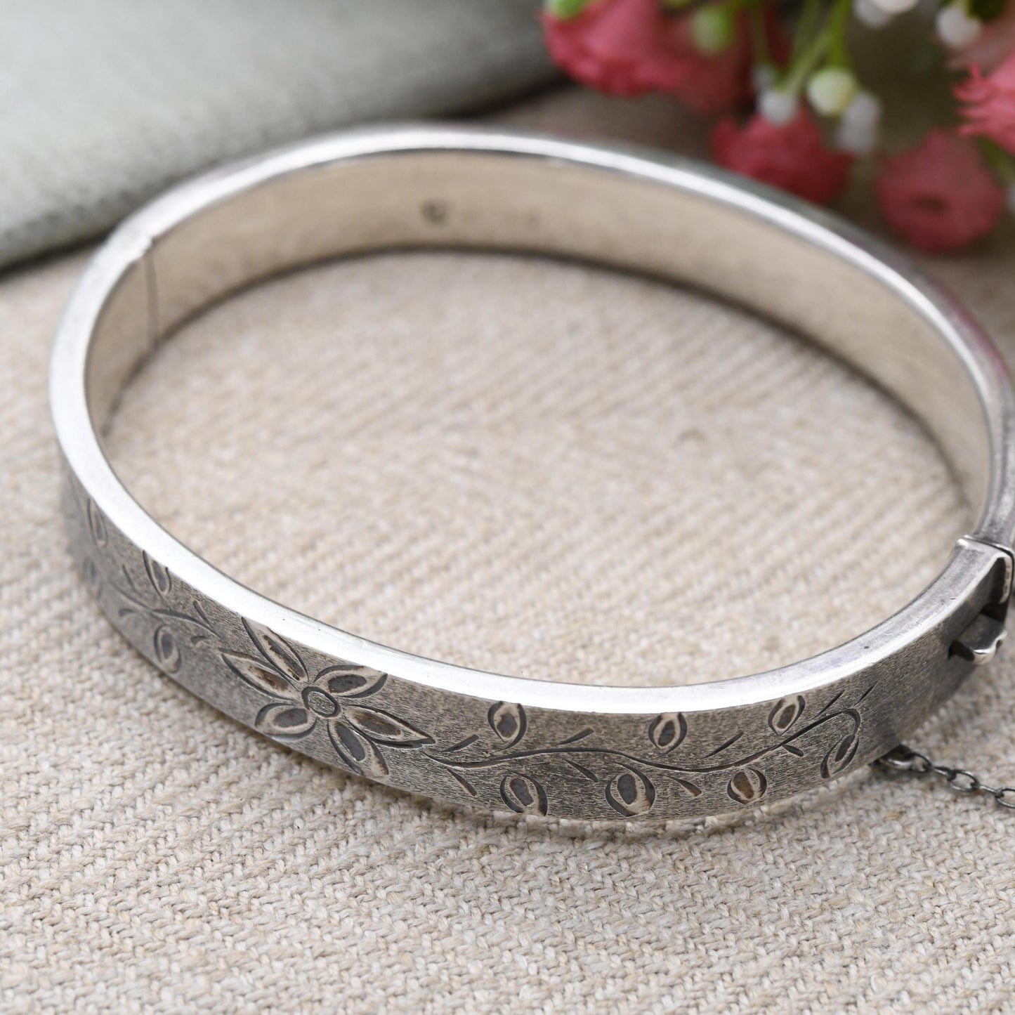 Vintage Sterling Silver Floral Engraved Bangle Bracelet 1970 - Chunky Victorian Aesthetic Scrolling Style with Safety Chain