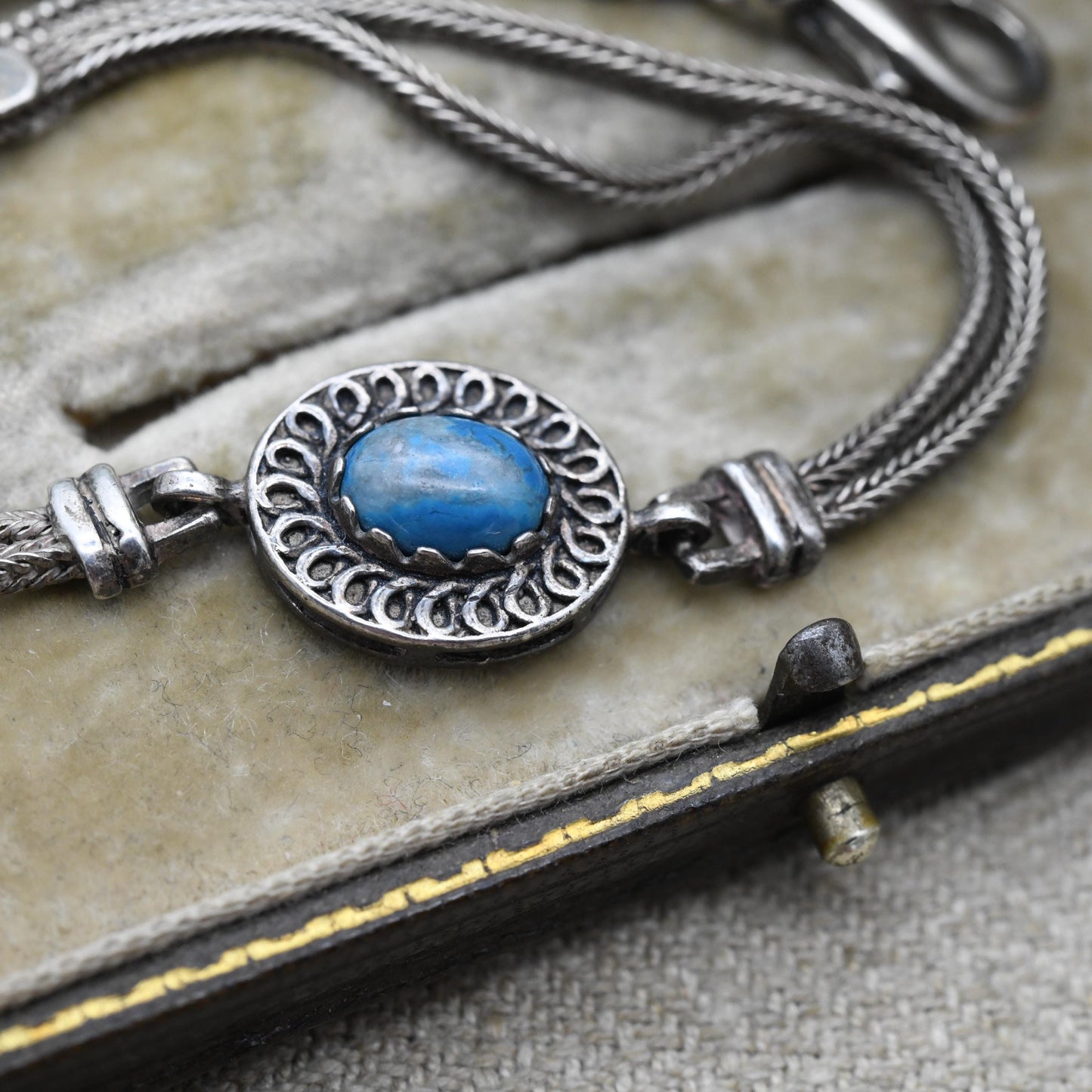 Vintage Sterling Silver Blue Stone Multi Strand Chain Bracelet - Cabochon Blue Gemstone | Beautiful Bracelet for Her