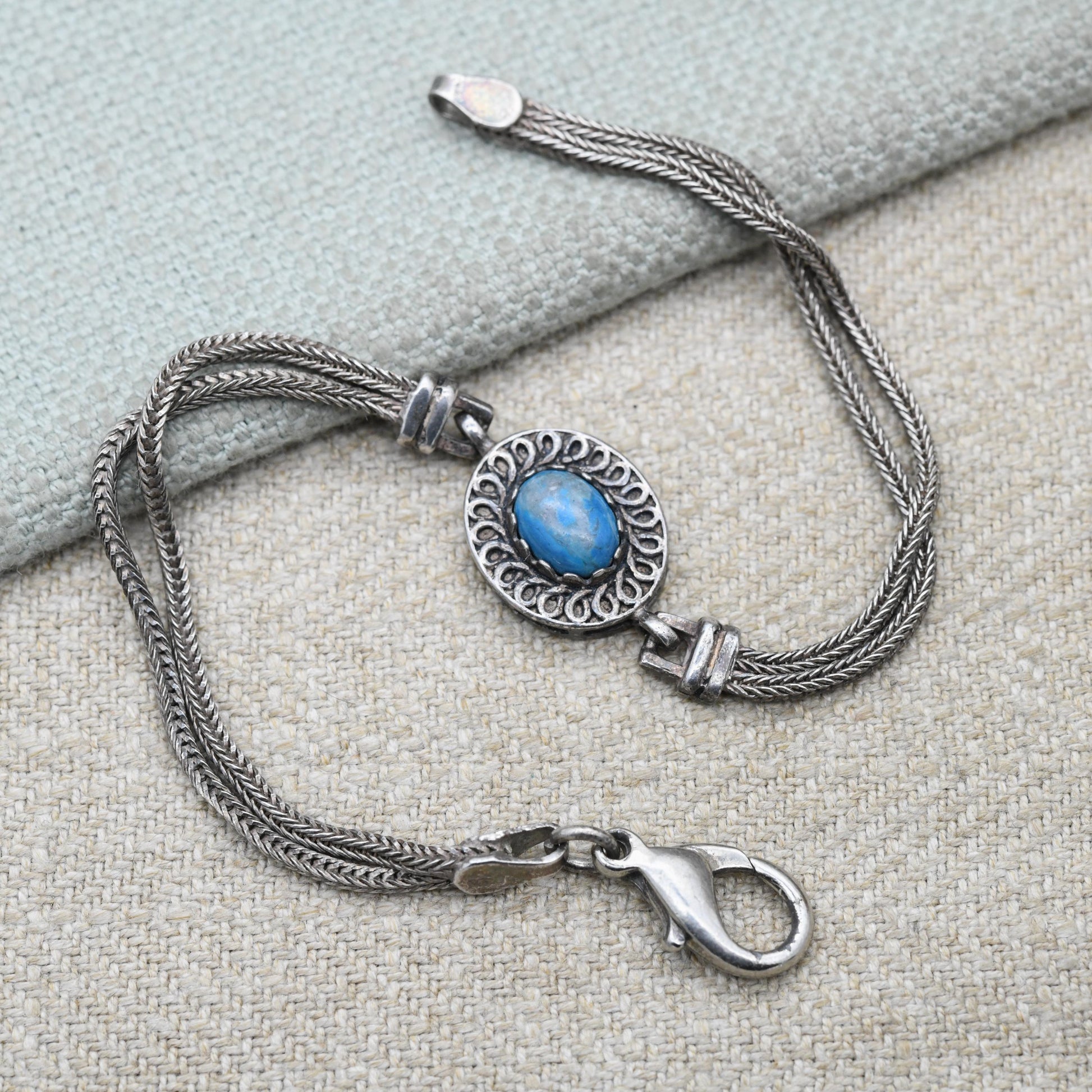 Vintage Sterling Silver Blue Stone Multi Strand Chain Bracelet - Cabochon Blue Gemstone | Beautiful Bracelet for Her