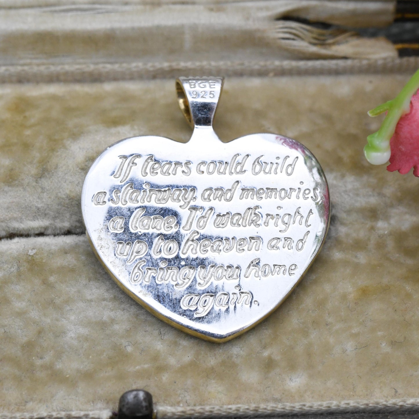 Bradford Gold Exchange Sterling Silver Mourning Love Heart Pendant - Engraved Message Clear Stone and Gold Plated Wings