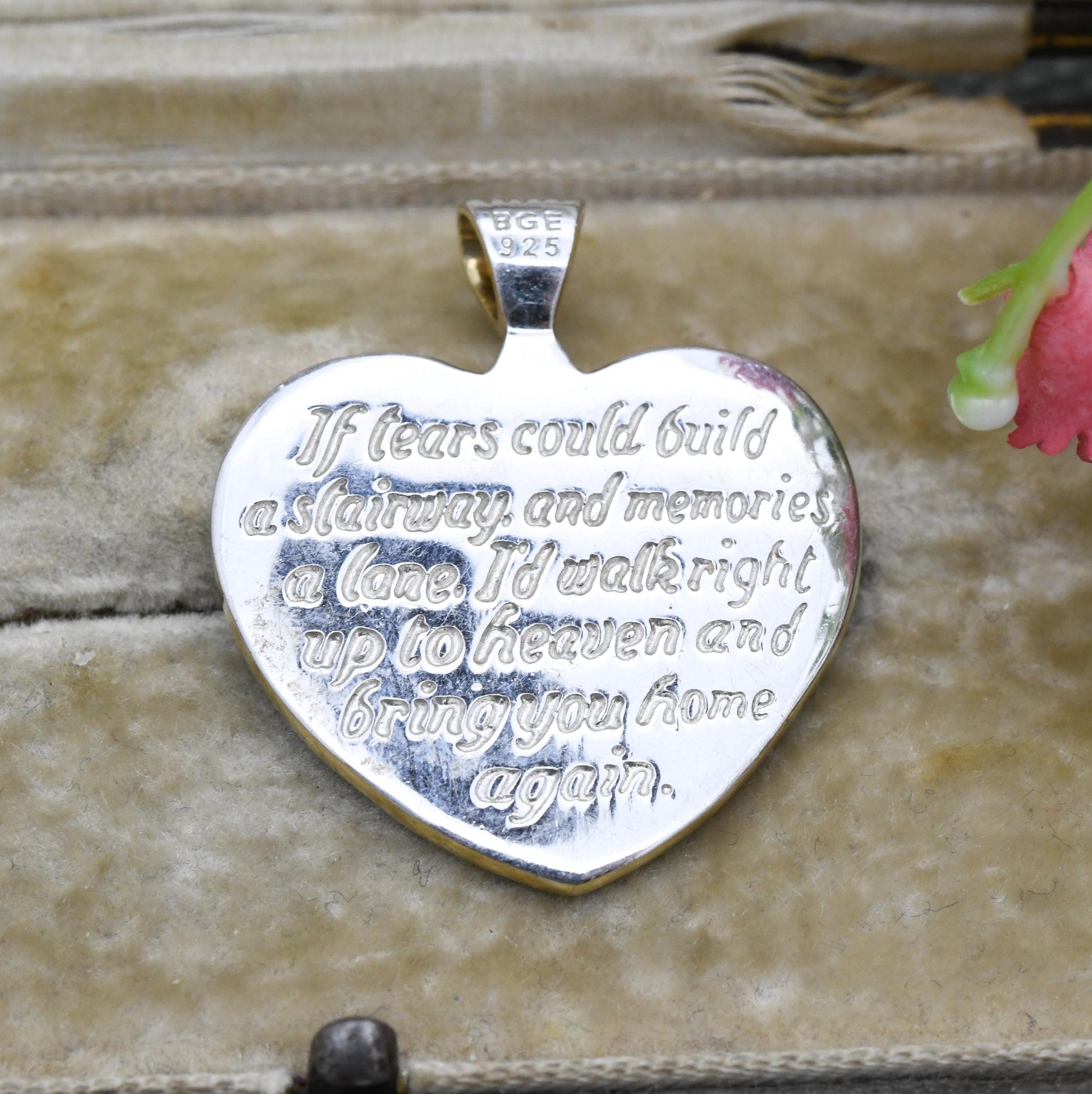 Bradford Gold Exchange Sterling Silver Mourning Love Heart Pendant - Engraved Message Clear Stone and Gold Plated Wings