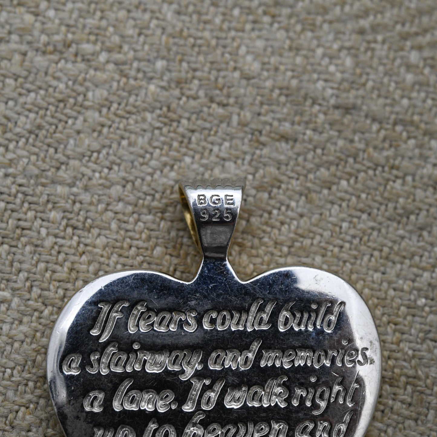 Bradford Gold Exchange Sterling Silver Mourning Love Heart Pendant - Engraved Message Clear Stone and Gold Plated Wings