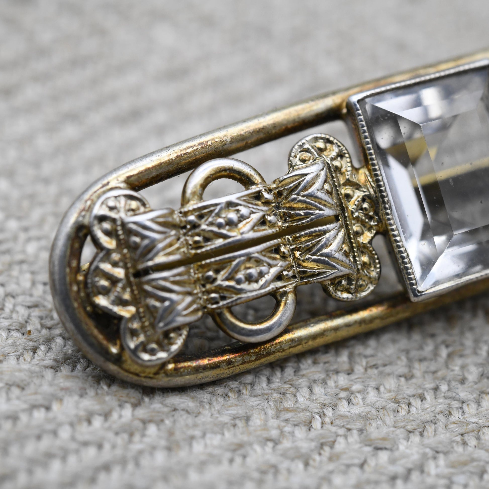 Vintage Silver Gold Plated Clear Stone Bar Brooch - Faceted White Gemstone with Buckle Design