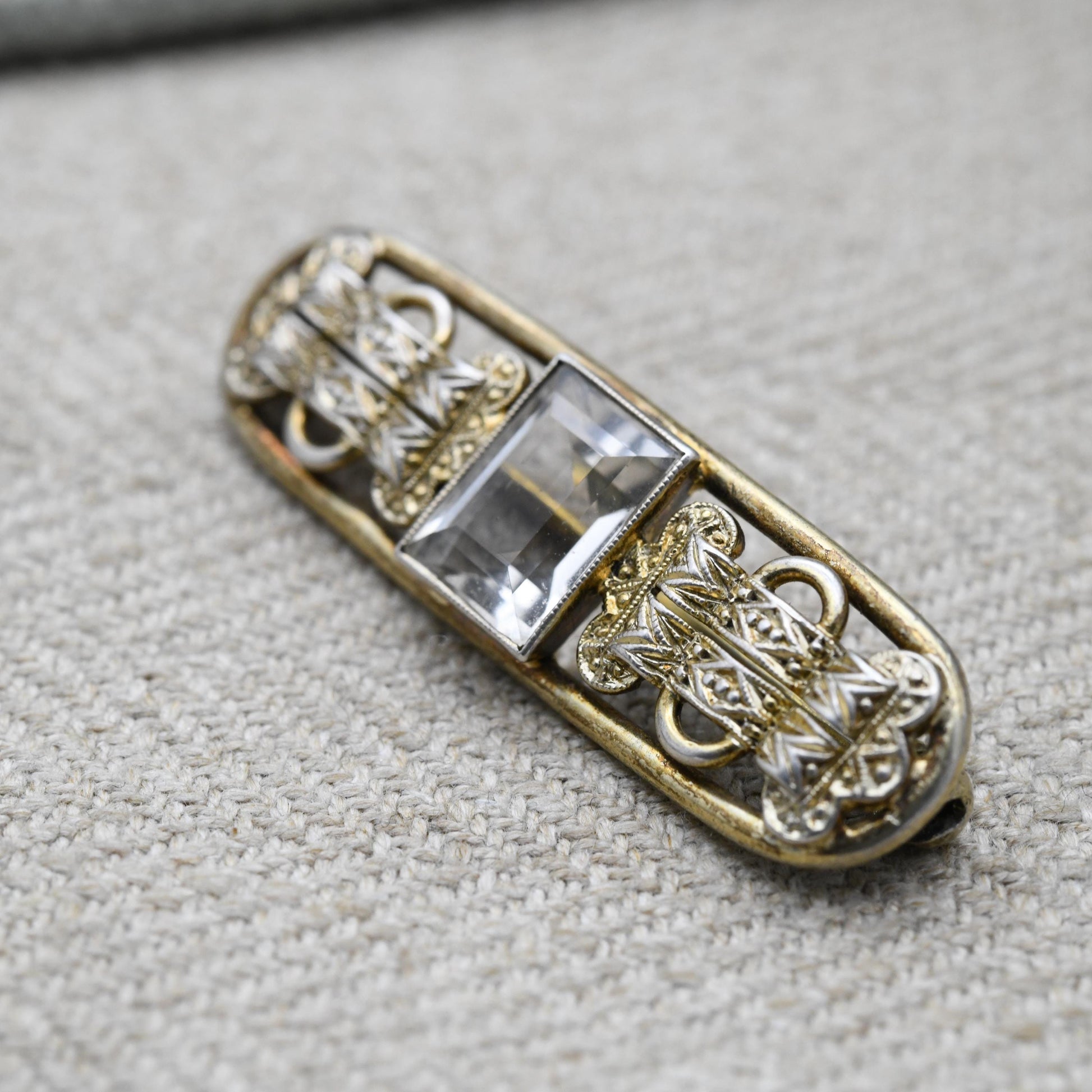 Vintage Silver Gold Plated Clear Stone Bar Brooch - Faceted White Gemstone with Buckle Design