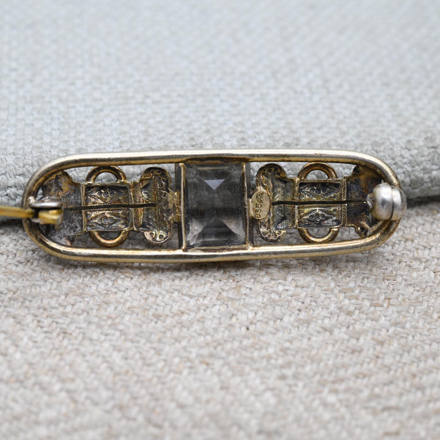 Vintage Silver Gold Plated Clear Stone Bar Brooch - Faceted White Gemstone with Buckle Design