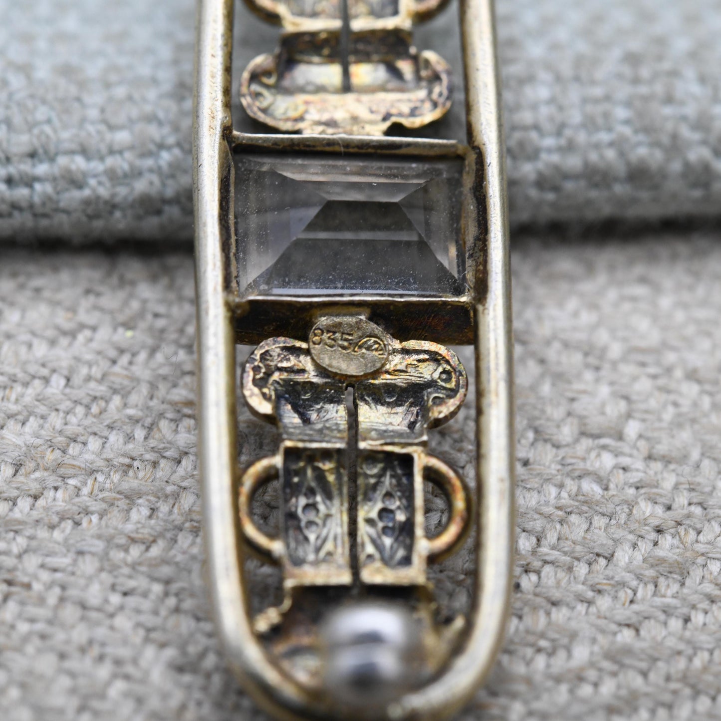 Vintage Silver Gold Plated Clear Stone Bar Brooch - Faceted White Gemstone with Buckle Design