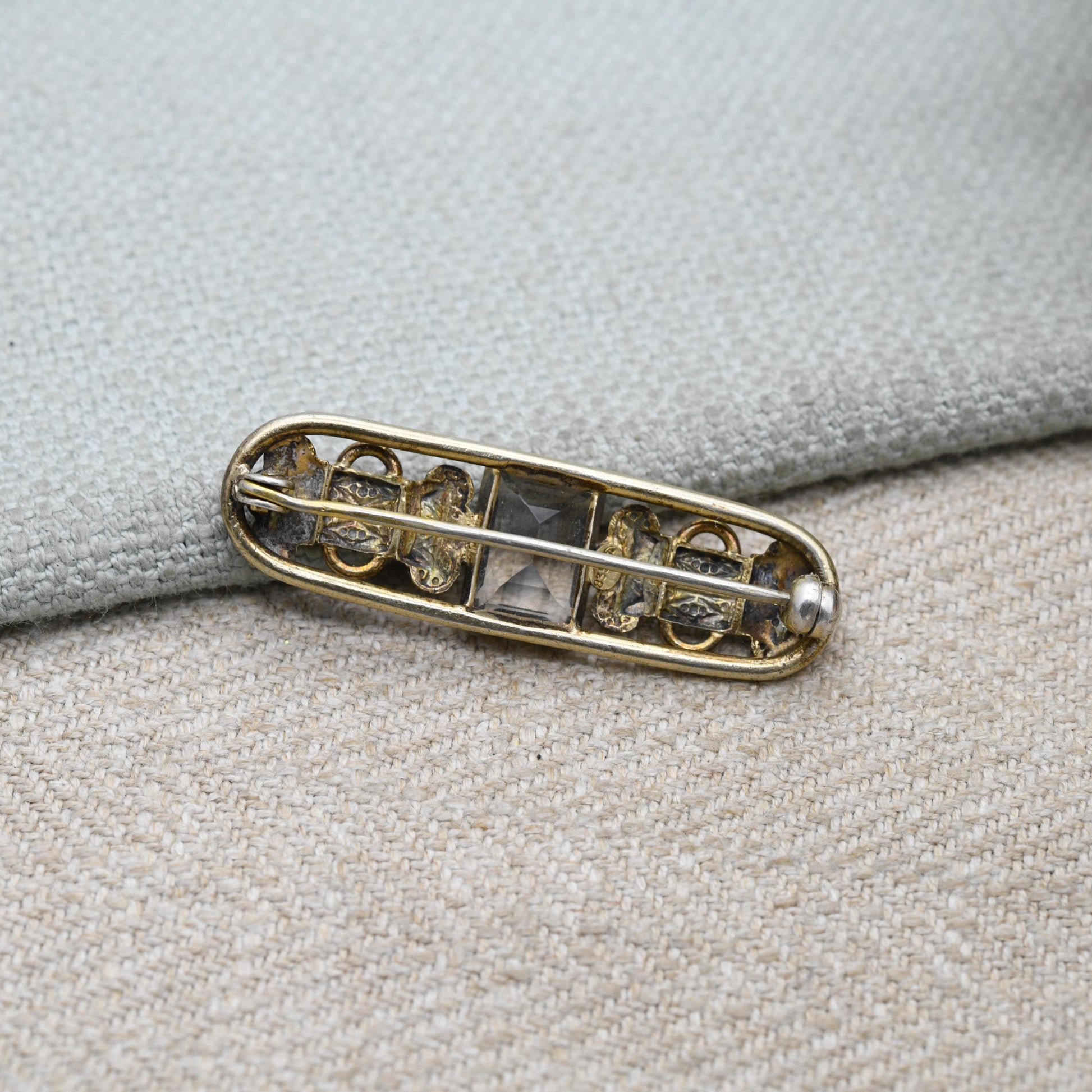 Vintage Silver Gold Plated Clear Stone Bar Brooch - Faceted White Gemstone with Buckle Design