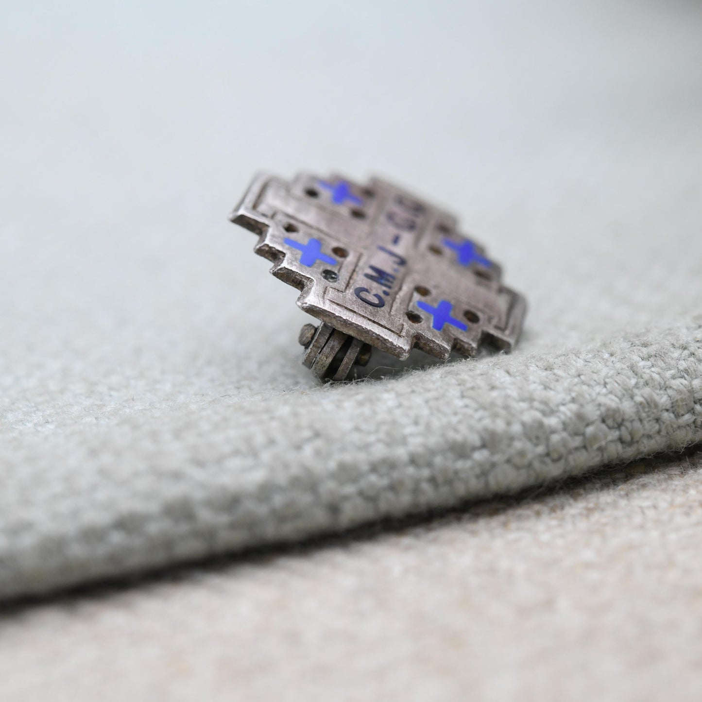 Vintage Silver Cross of Jerusalem Brooch - Blue Enamel | Inscribed Initials C.M.G G.G | Religious Cross Jewellery