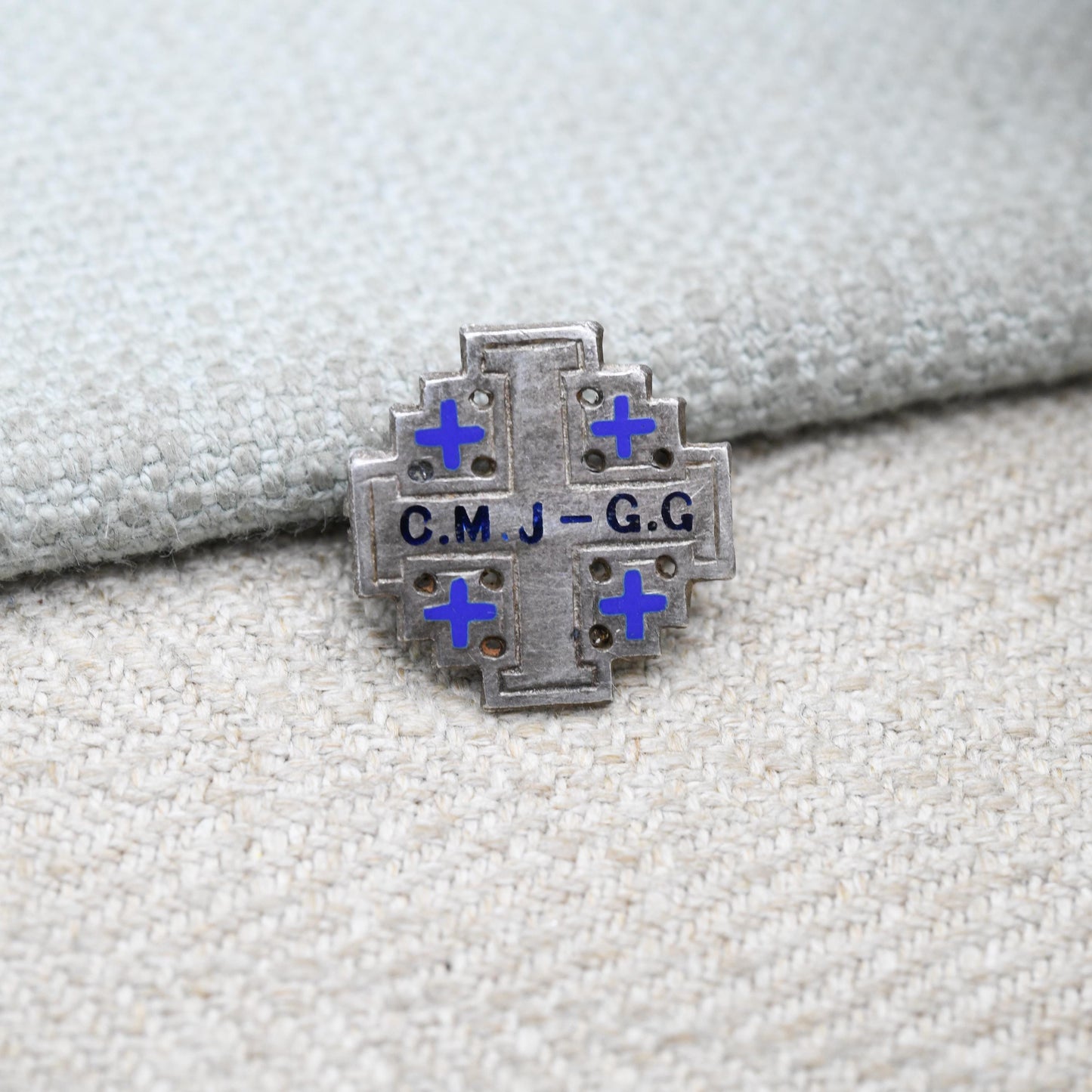 Vintage Silver Cross of Jerusalem Brooch - Blue Enamel | Inscribed Initials C.M.G G.G | Religious Cross Jewellery
