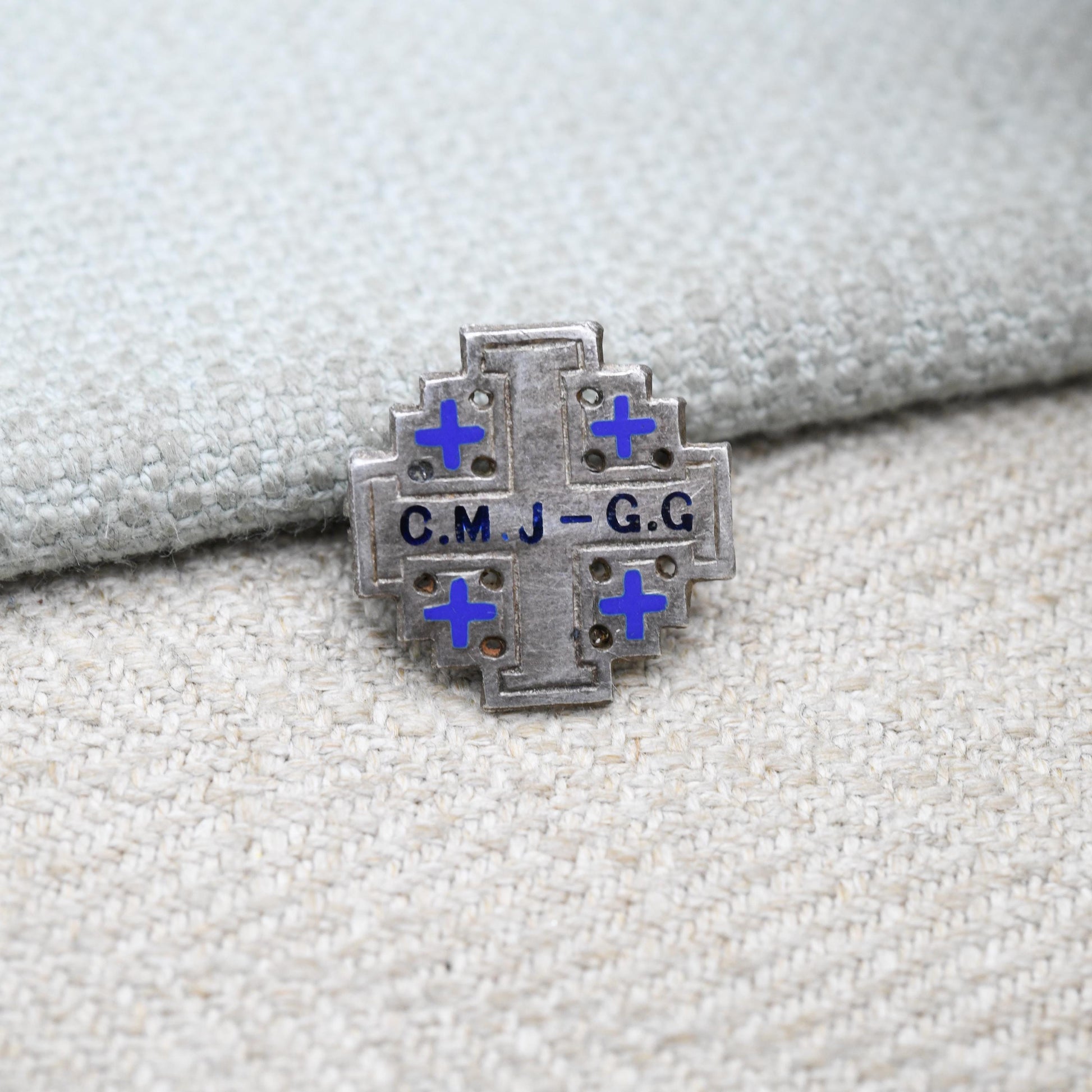 Vintage Silver Cross of Jerusalem Brooch - Blue Enamel | Inscribed Initials C.M.G G.G | Religious Cross Jewellery
