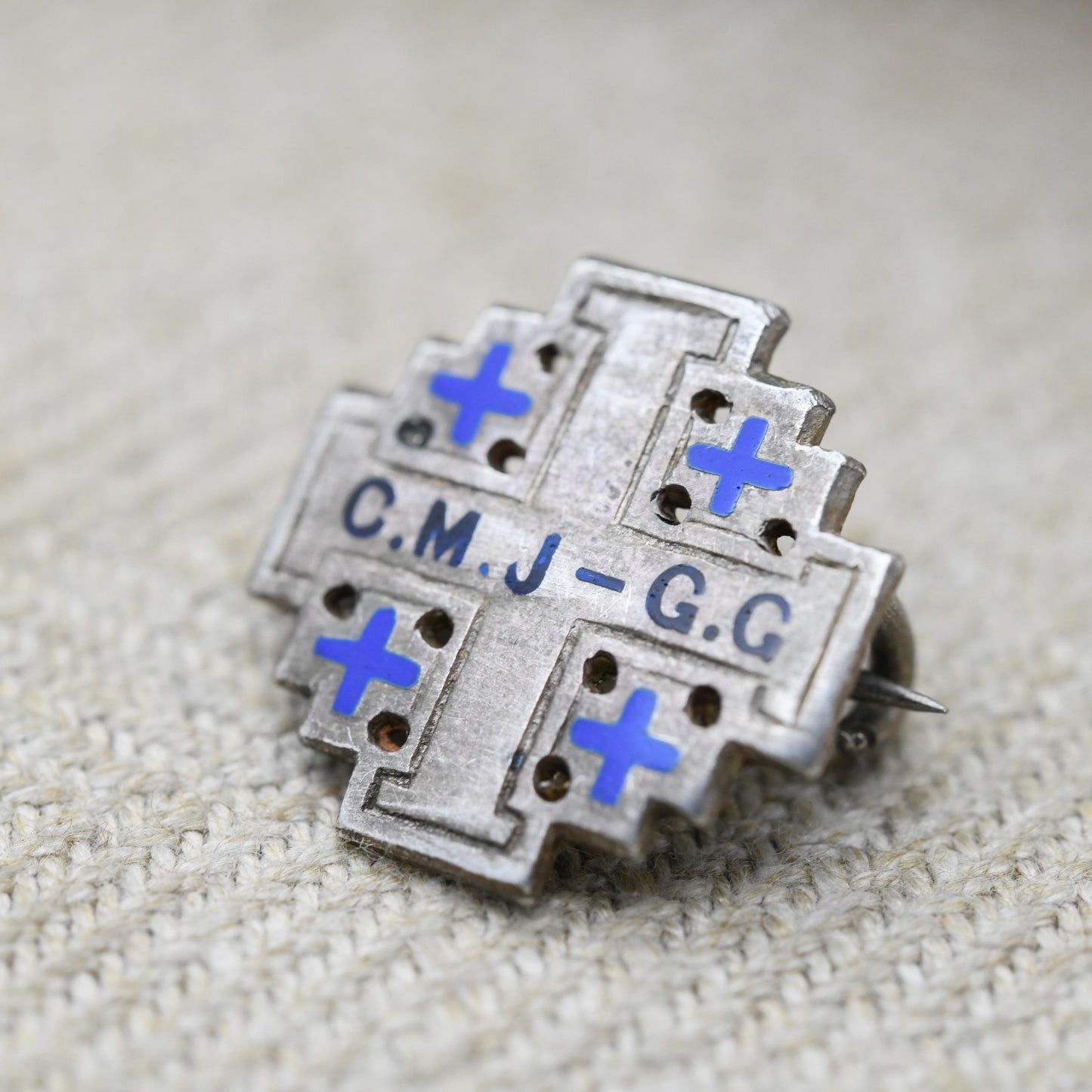 Vintage Silver Cross of Jerusalem Brooch - Blue Enamel | Inscribed Initials C.M.G G.G | Religious Cross Jewellery